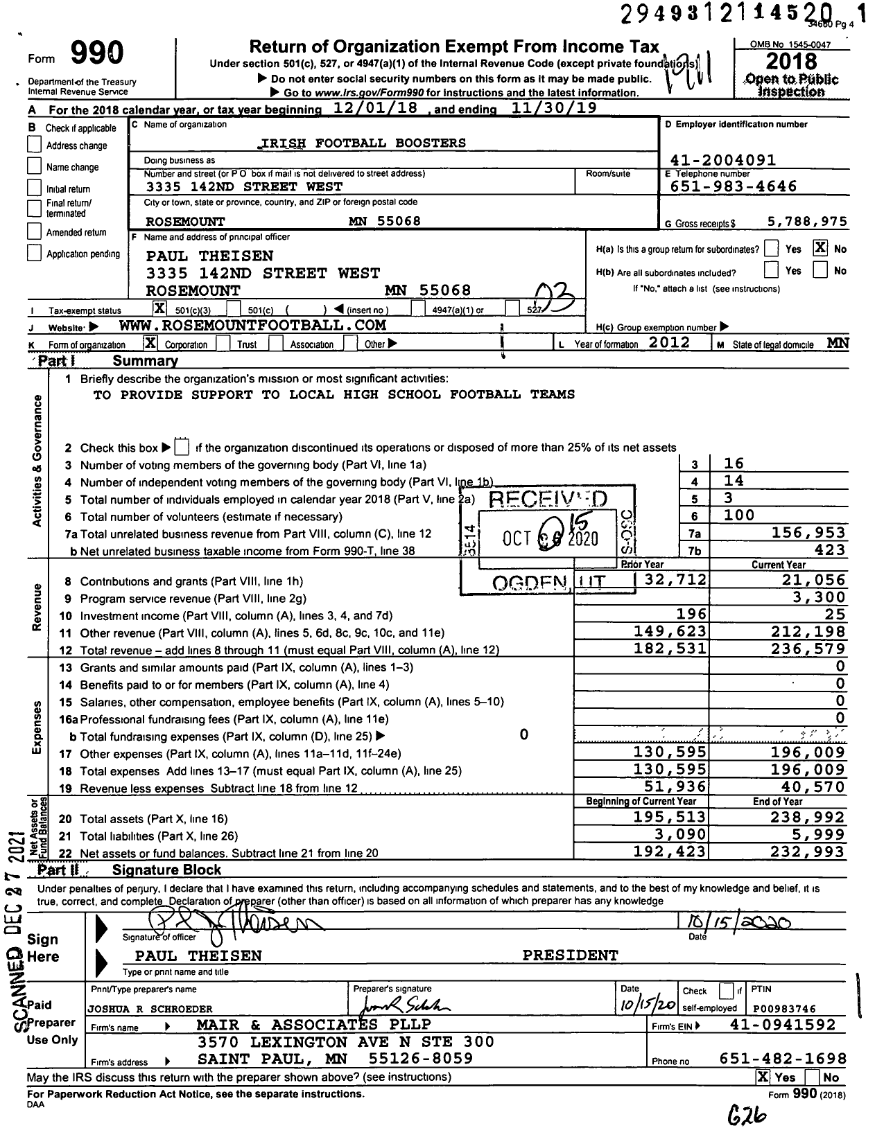 Image of first page of 2018 Form 990 for Irish Football Boosters