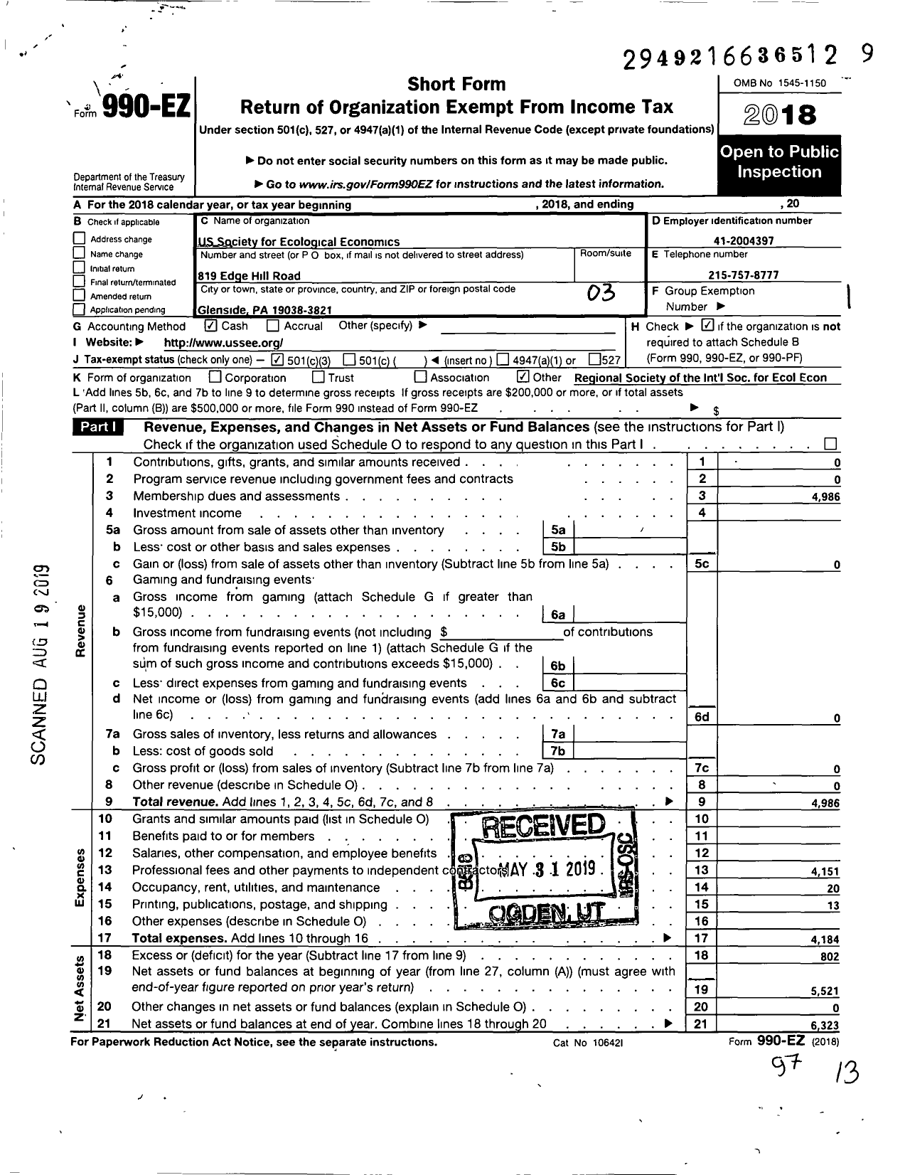 Image of first page of 2018 Form 990EZ for Us Society for Ecological Economics