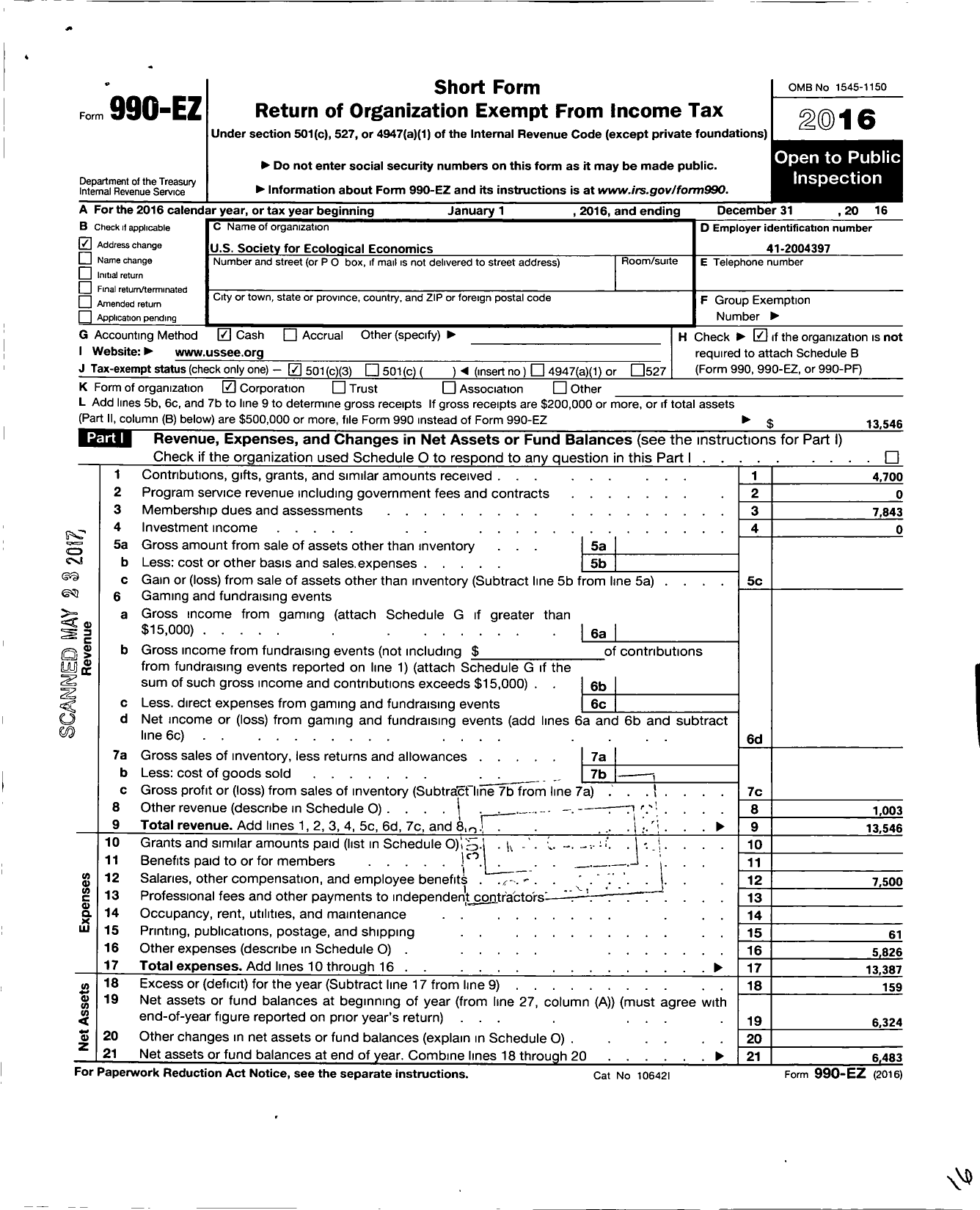 Image of first page of 2016 Form 990EZ for Us Society for Ecological Economics