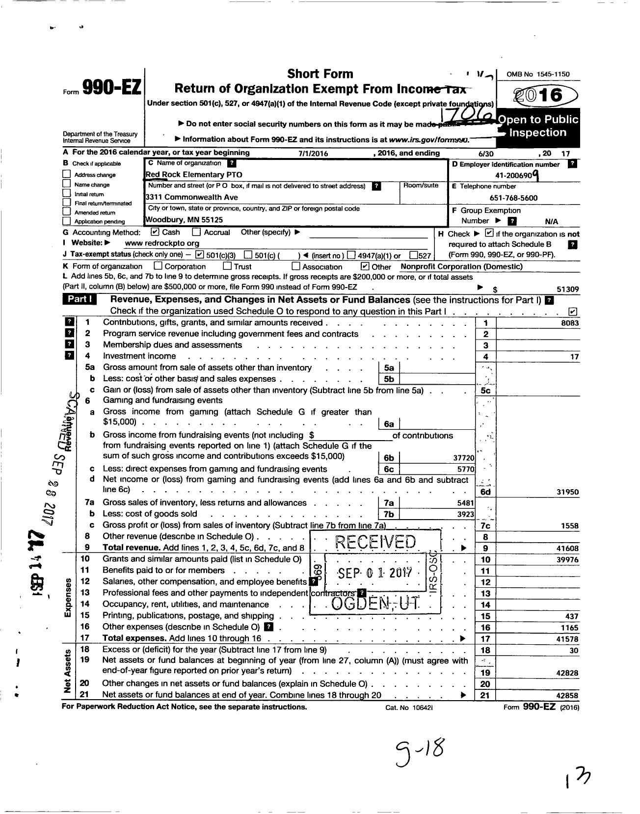 Image of first page of 2016 Form 990EZ for Red Rock Elementary P T O