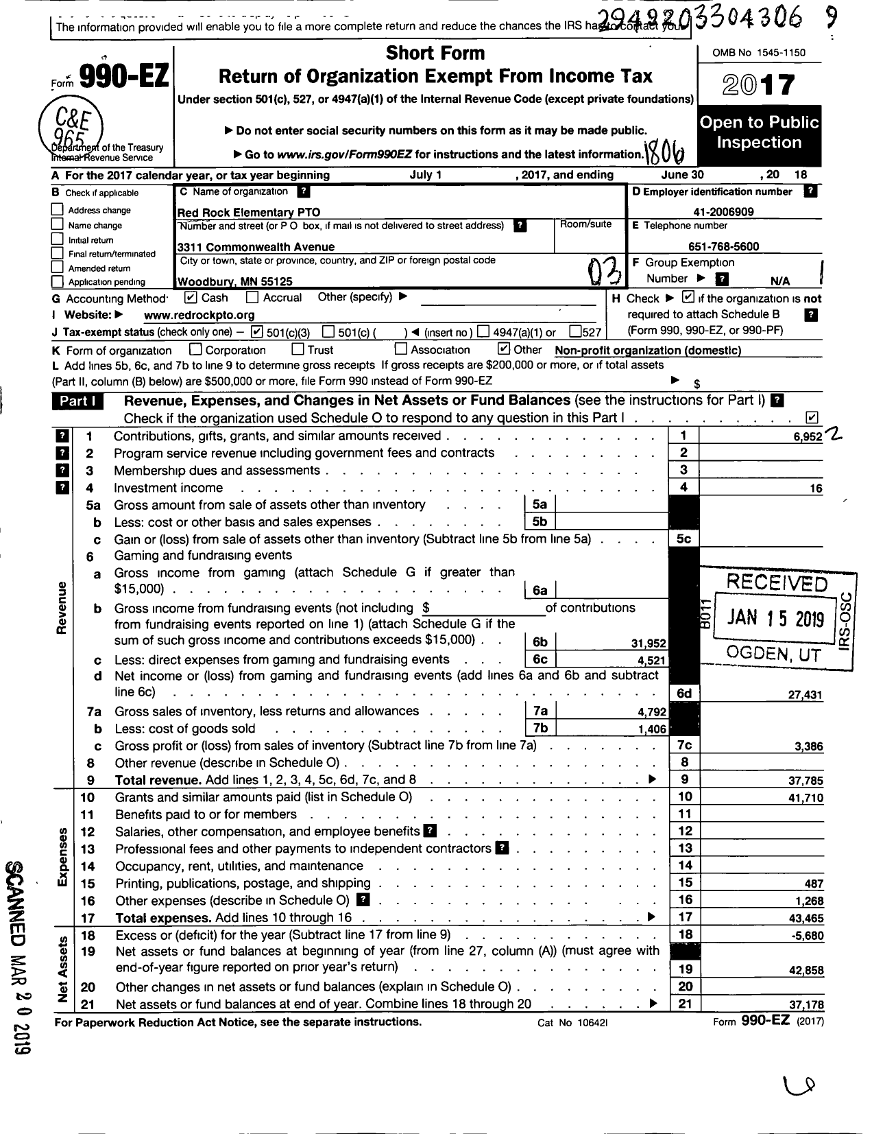 Image of first page of 2017 Form 990EZ for Red Rock Elementary P T O