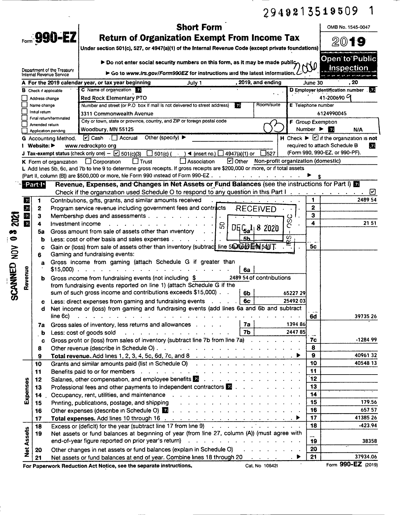 Image of first page of 2019 Form 990EZ for Red Rock Elementary P T O