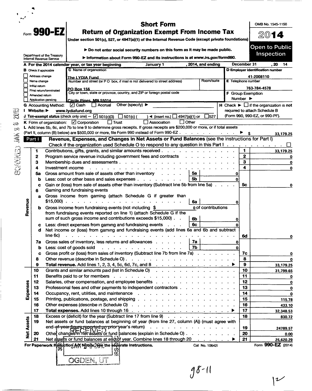 Image of first page of 2014 Form 990EZ for Lydia Fund