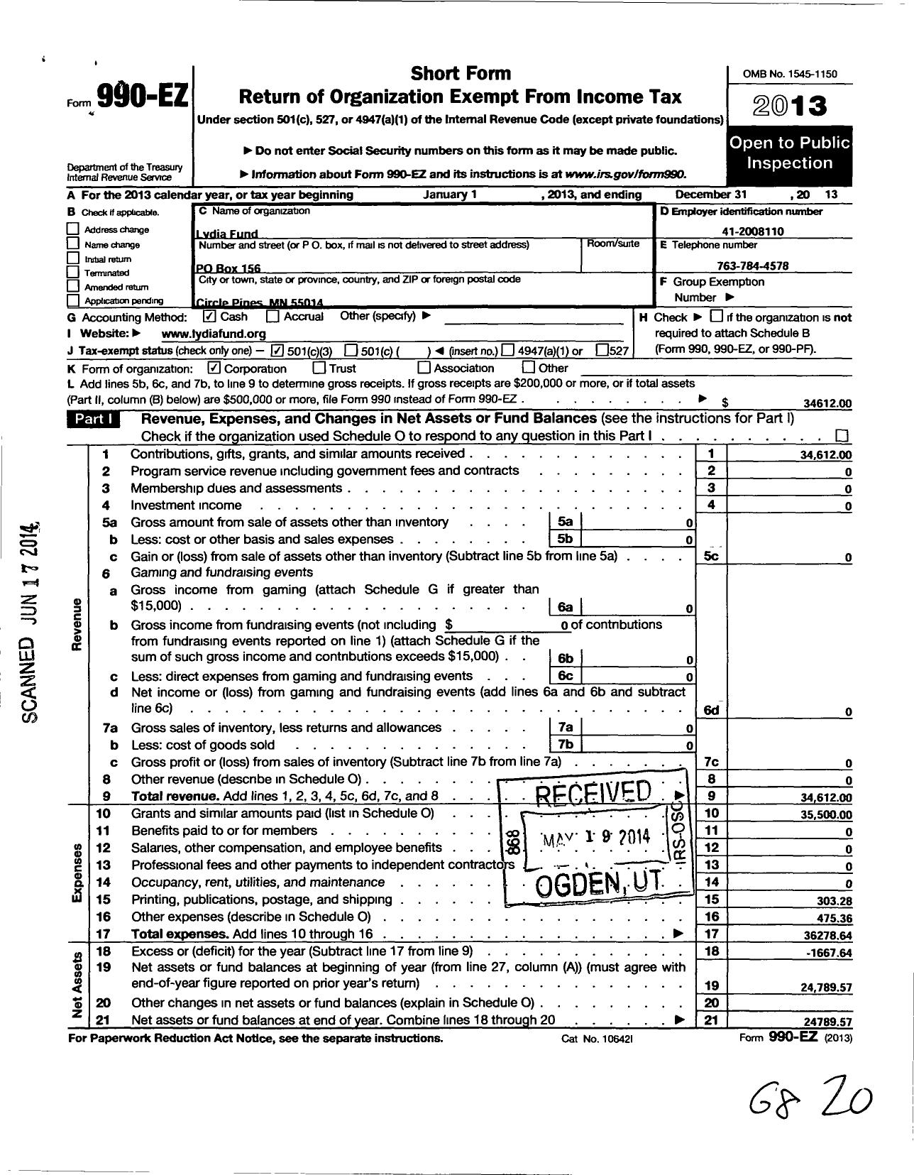 Image of first page of 2013 Form 990EZ for Lydia Fund