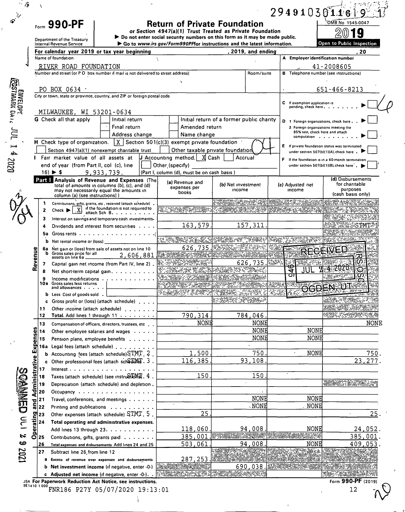 Image of first page of 2019 Form 990PF for River Road Foundation