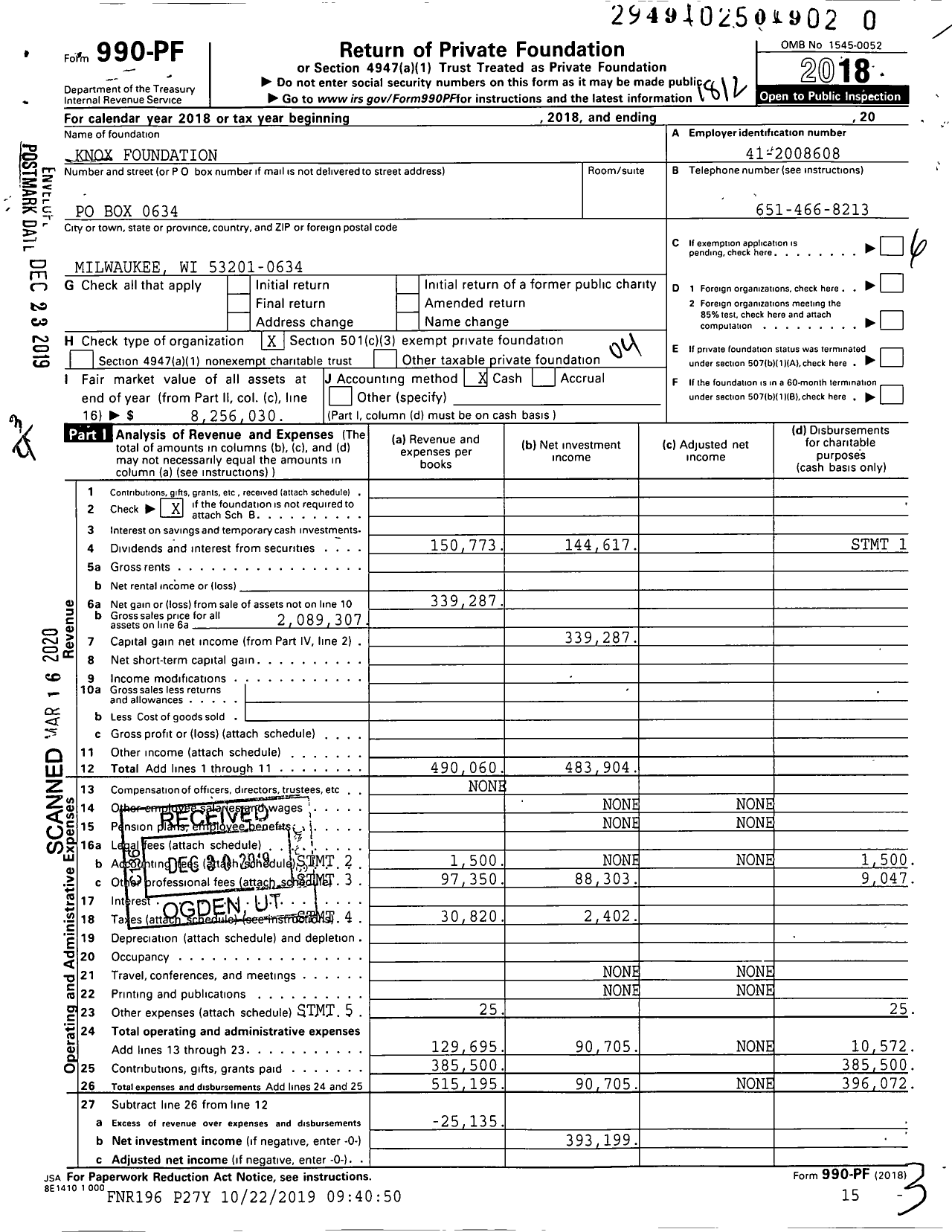 Image of first page of 2018 Form 990PR for Knox Foundation