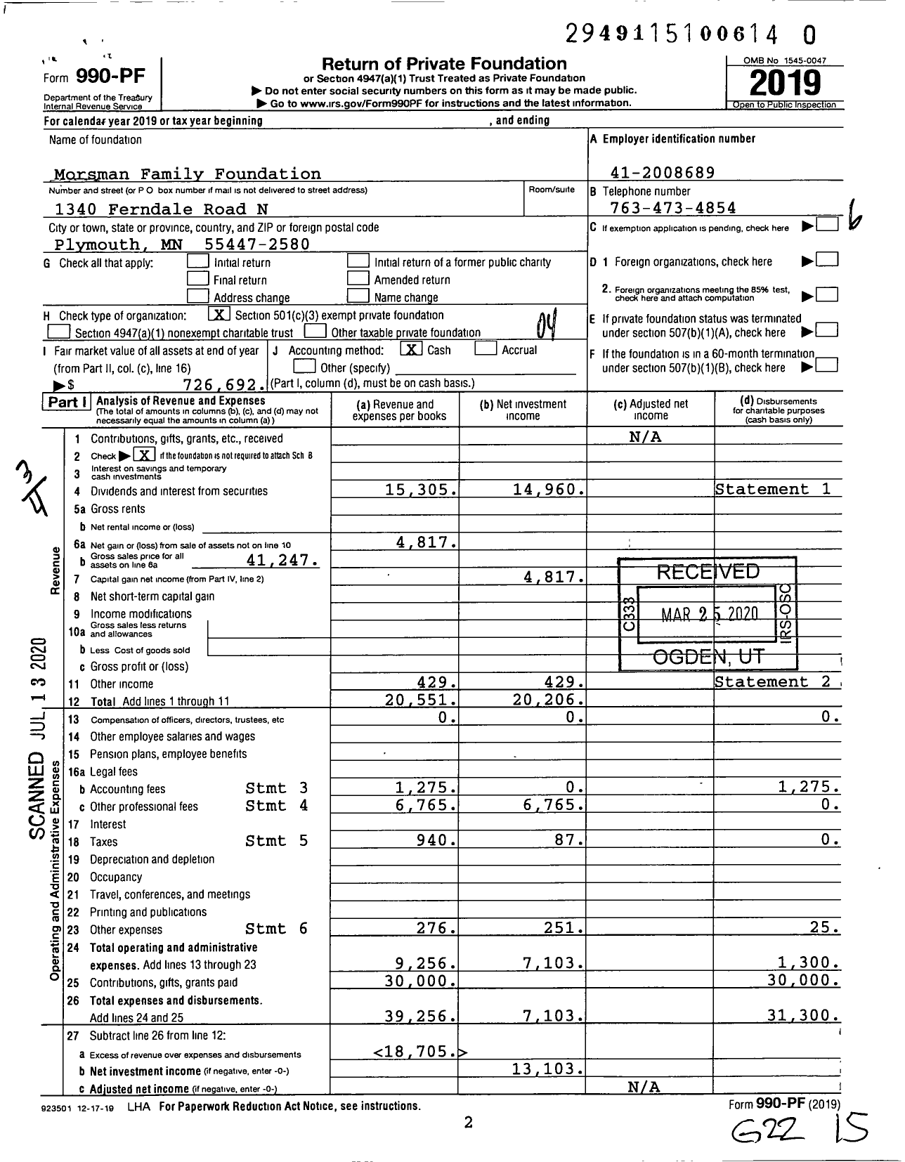 Image of first page of 2019 Form 990PR for The Morsman Family Foundation