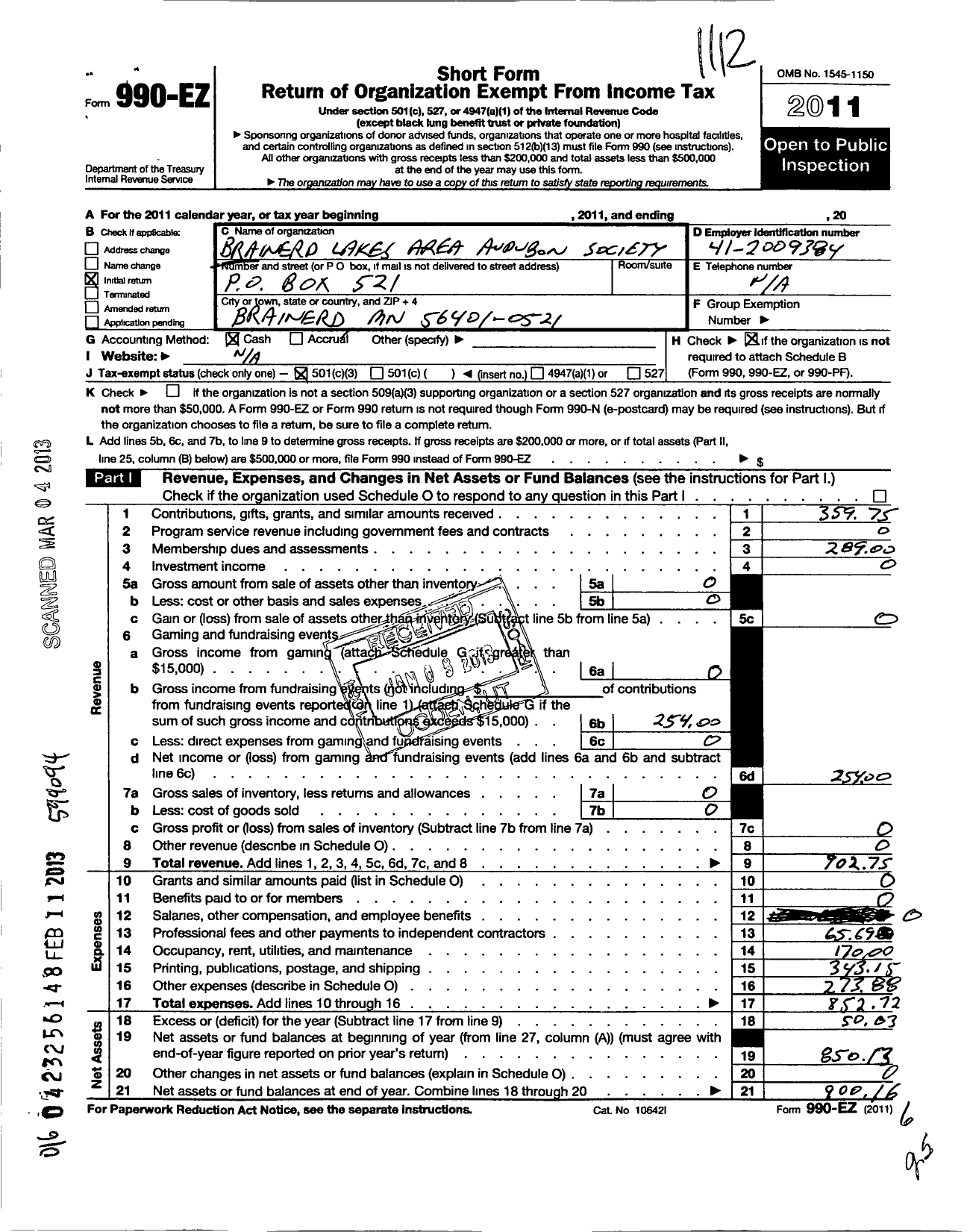 Image of first page of 2011 Form 990EZ for Brainerd Lakes Area Audubon Society