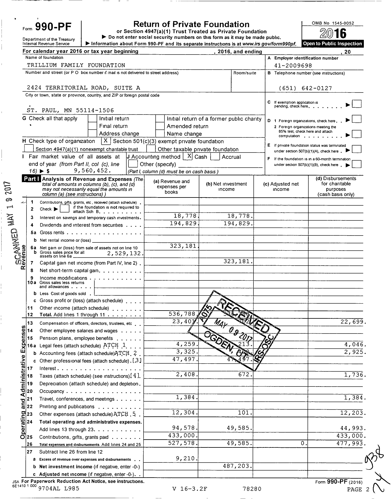 Image of first page of 2016 Form 990PF for Trillium Family Foundation