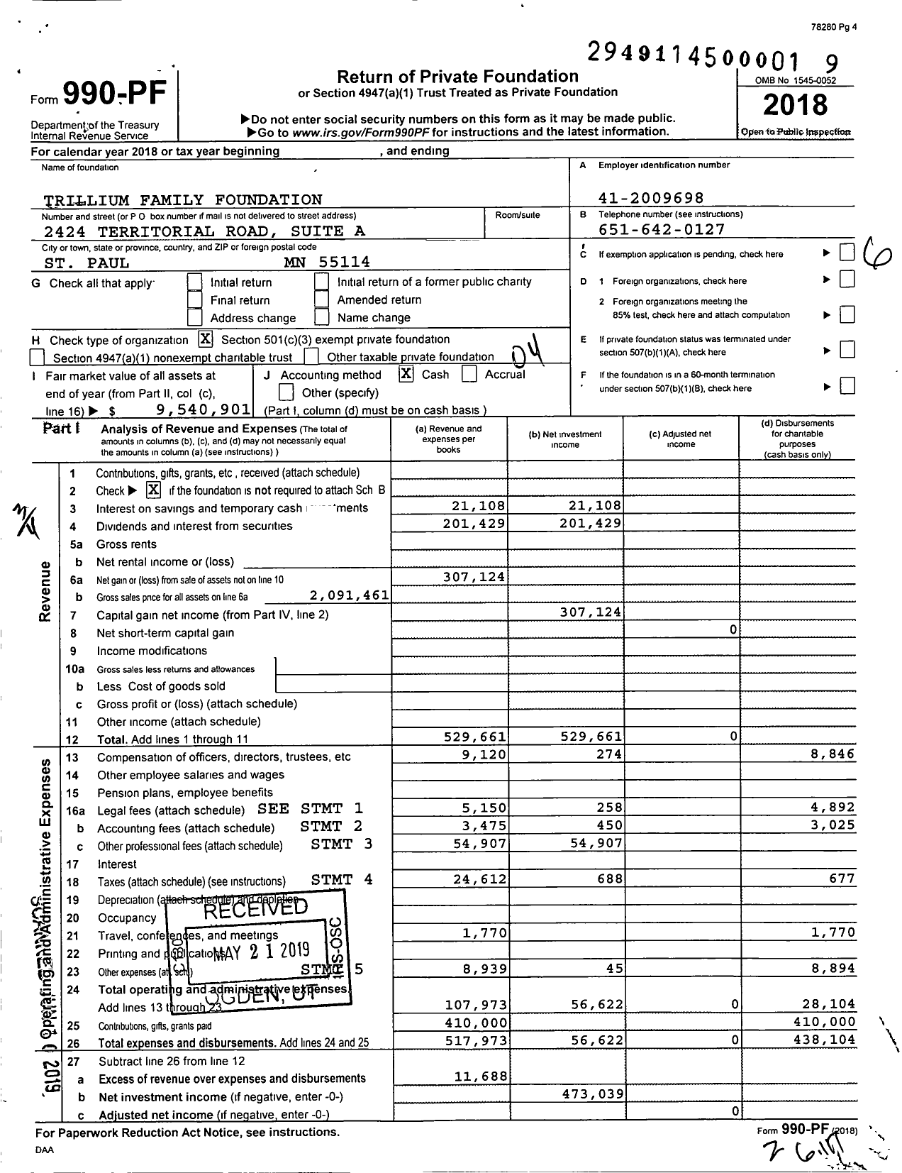 Image of first page of 2018 Form 990PF for Trillium Family Foundation
