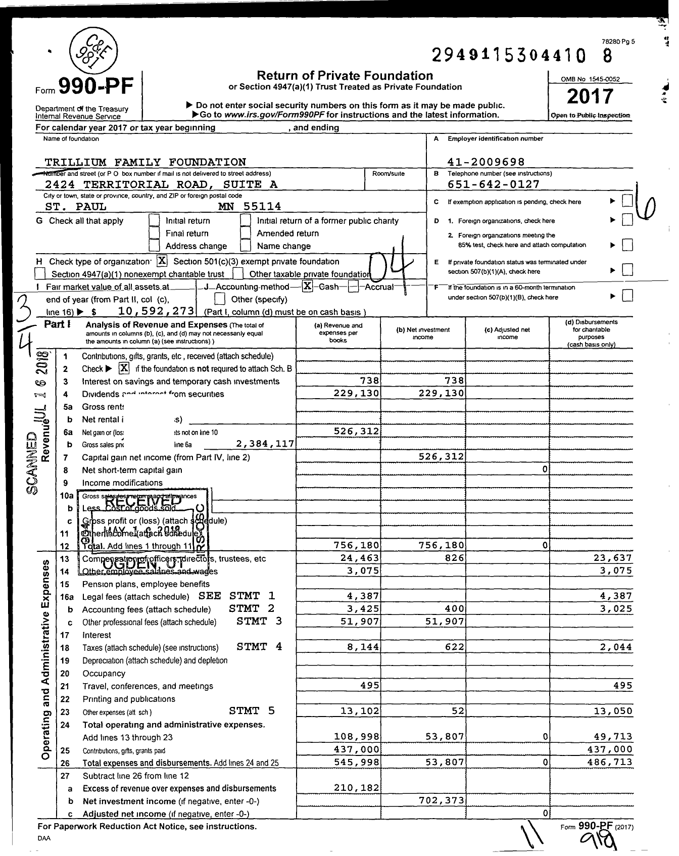 Image of first page of 2017 Form 990PF for Trillium Family Foundation