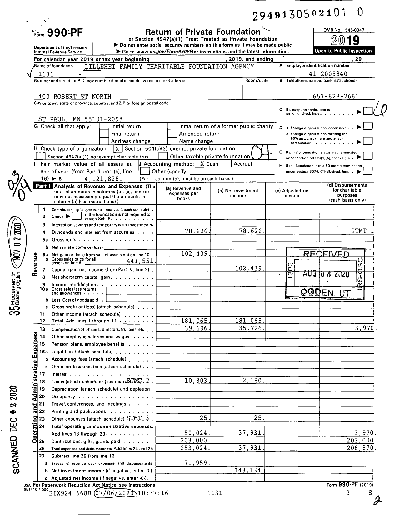 Image of first page of 2019 Form 990PF for Lillehei Family Charitable Foundation Agency