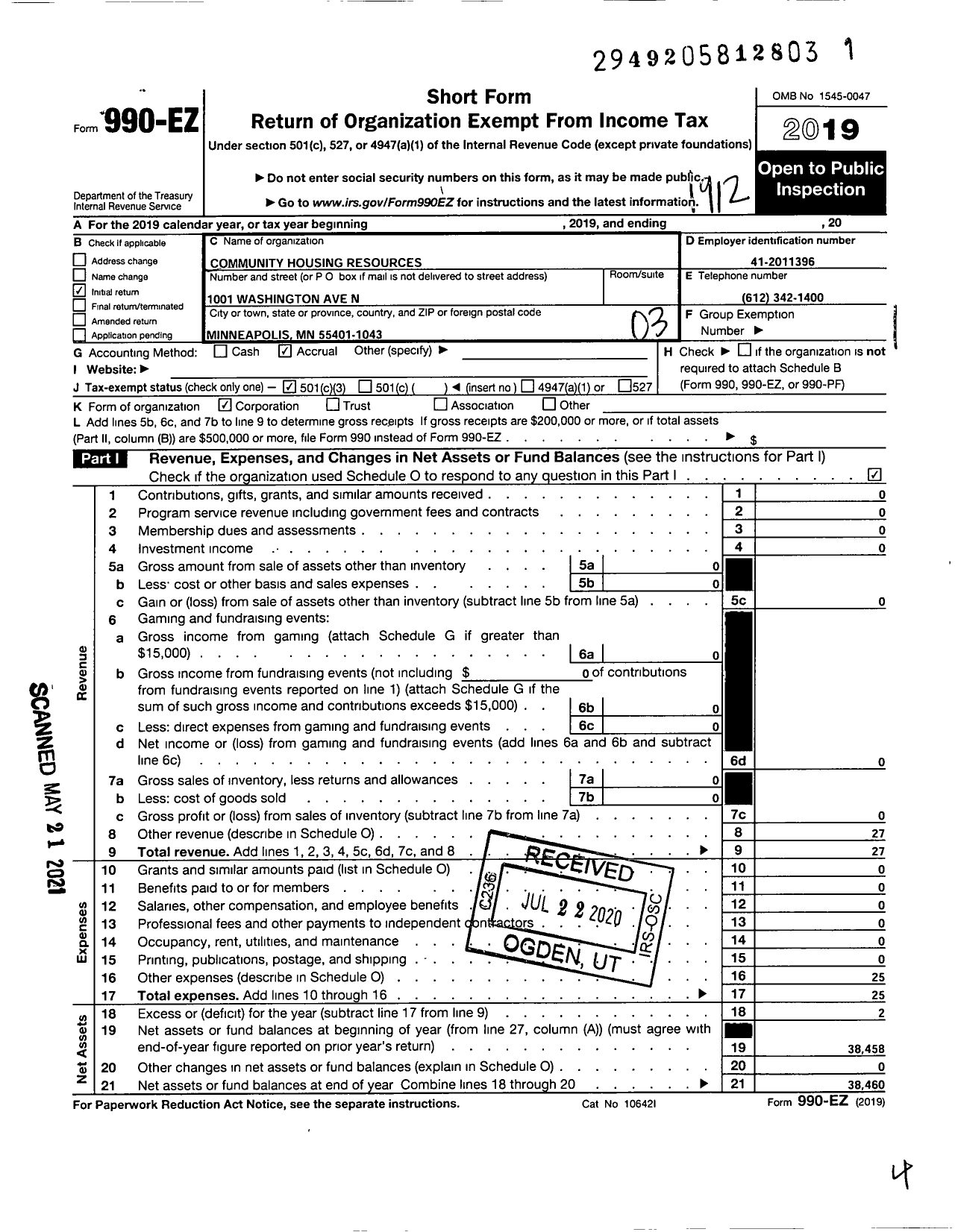 Image of first page of 2019 Form 990EZ for Community Housing Resources