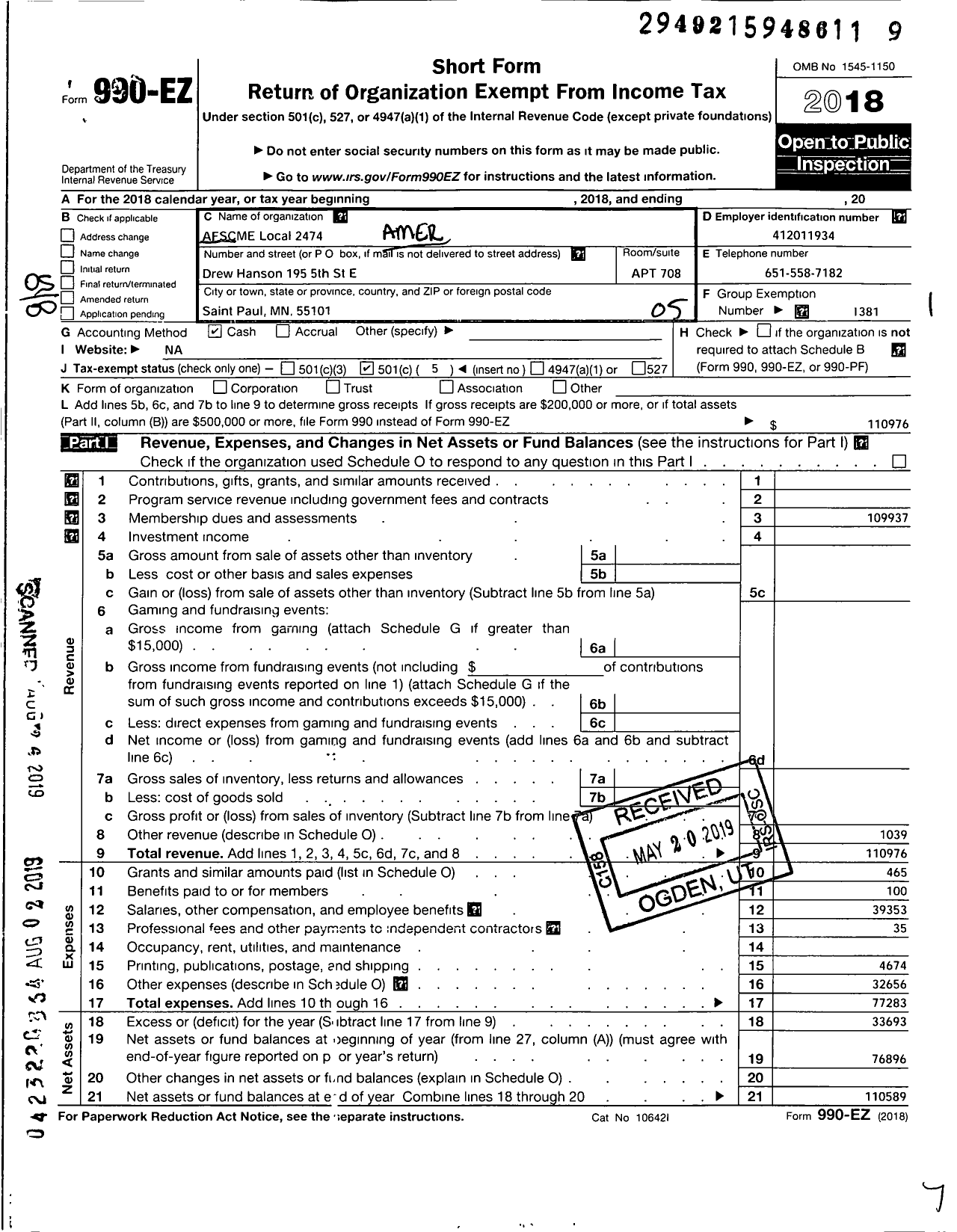 Image of first page of 2018 Form 990EO for American Federation of State County & Municipal Employees - L2474MN Hennepin Co Med Ctr Prof Em