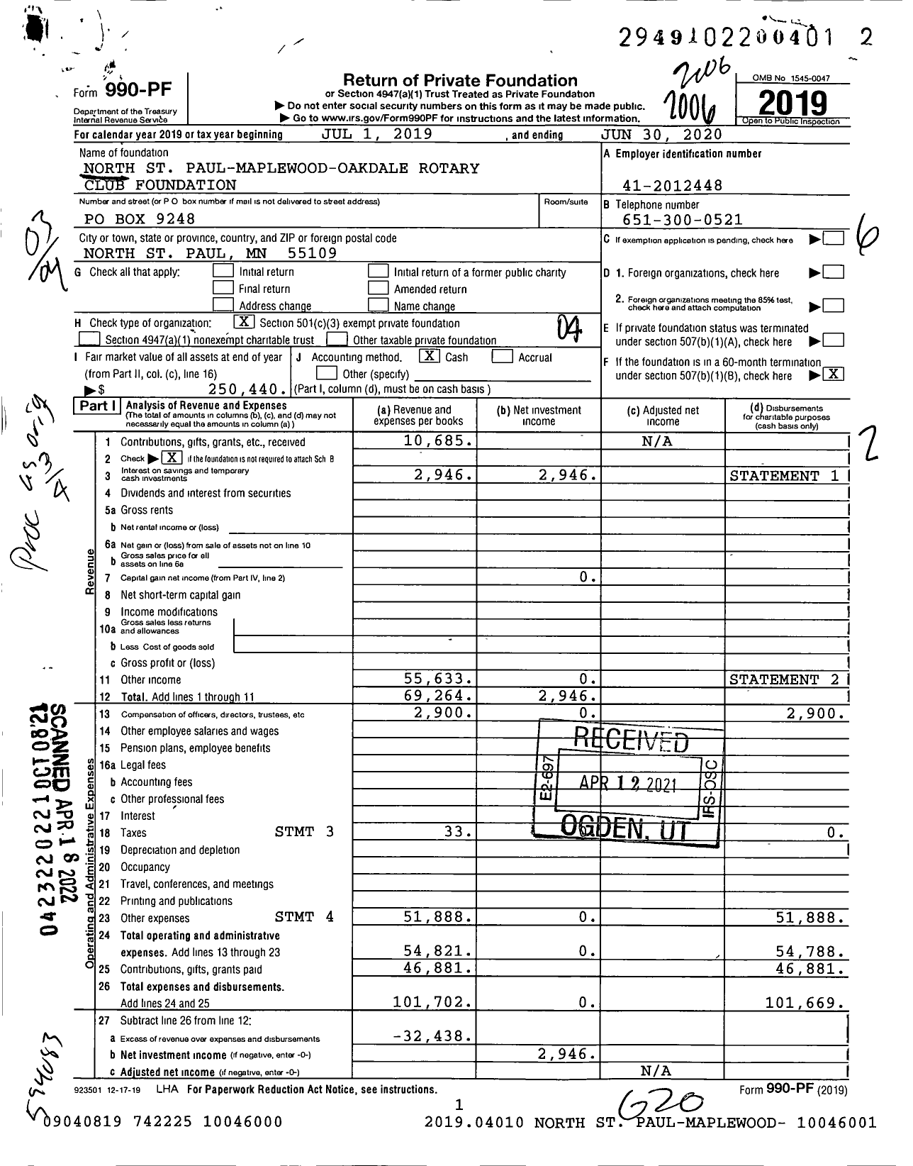 Image of first page of 2019 Form 990PF for North St Paul-Maplewood-Oakdale Rotary Club Foundation