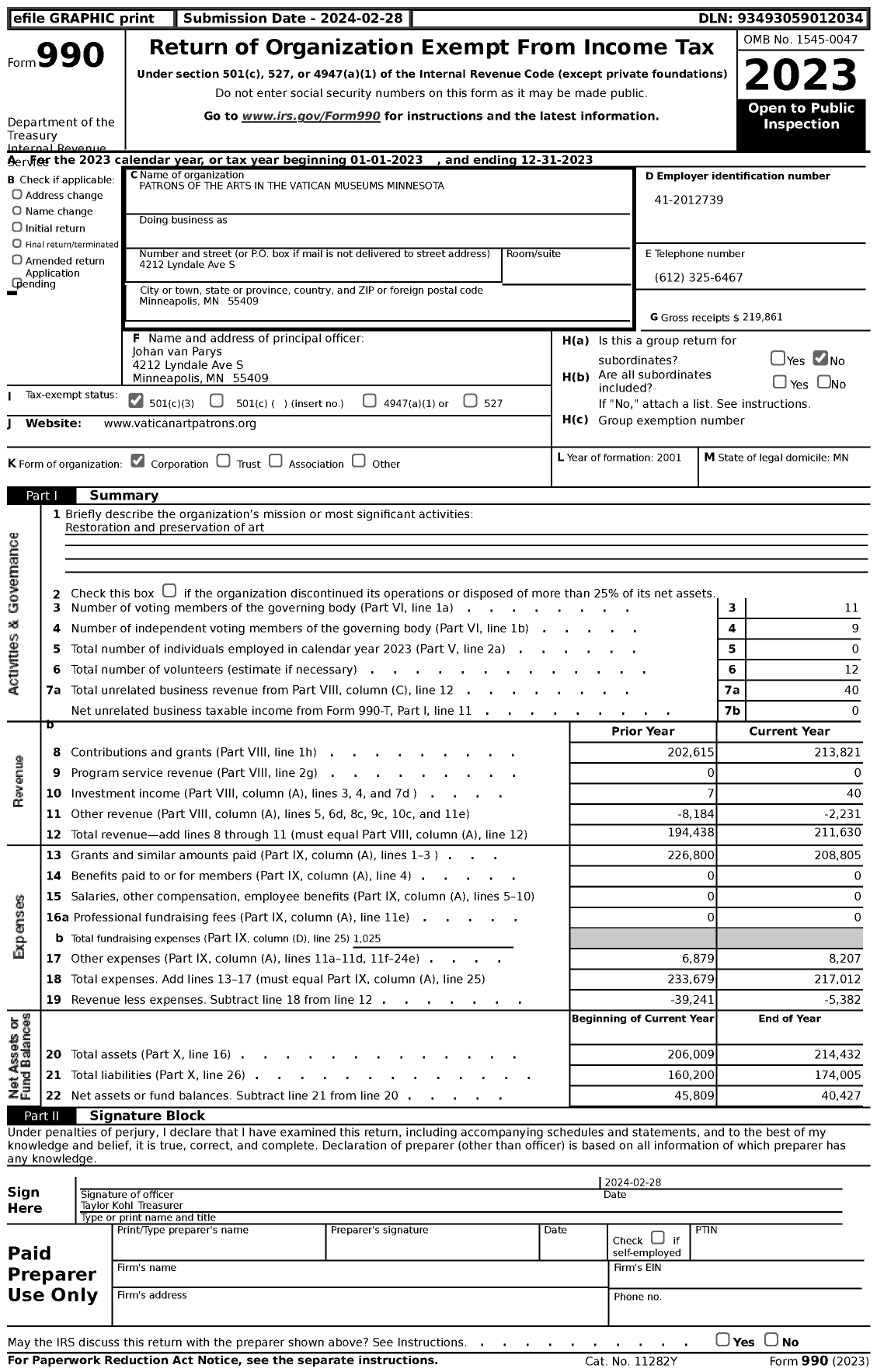 Image of first page of 2023 Form 990 for Patrons of the Arts in the Vatican Museums Minnesota