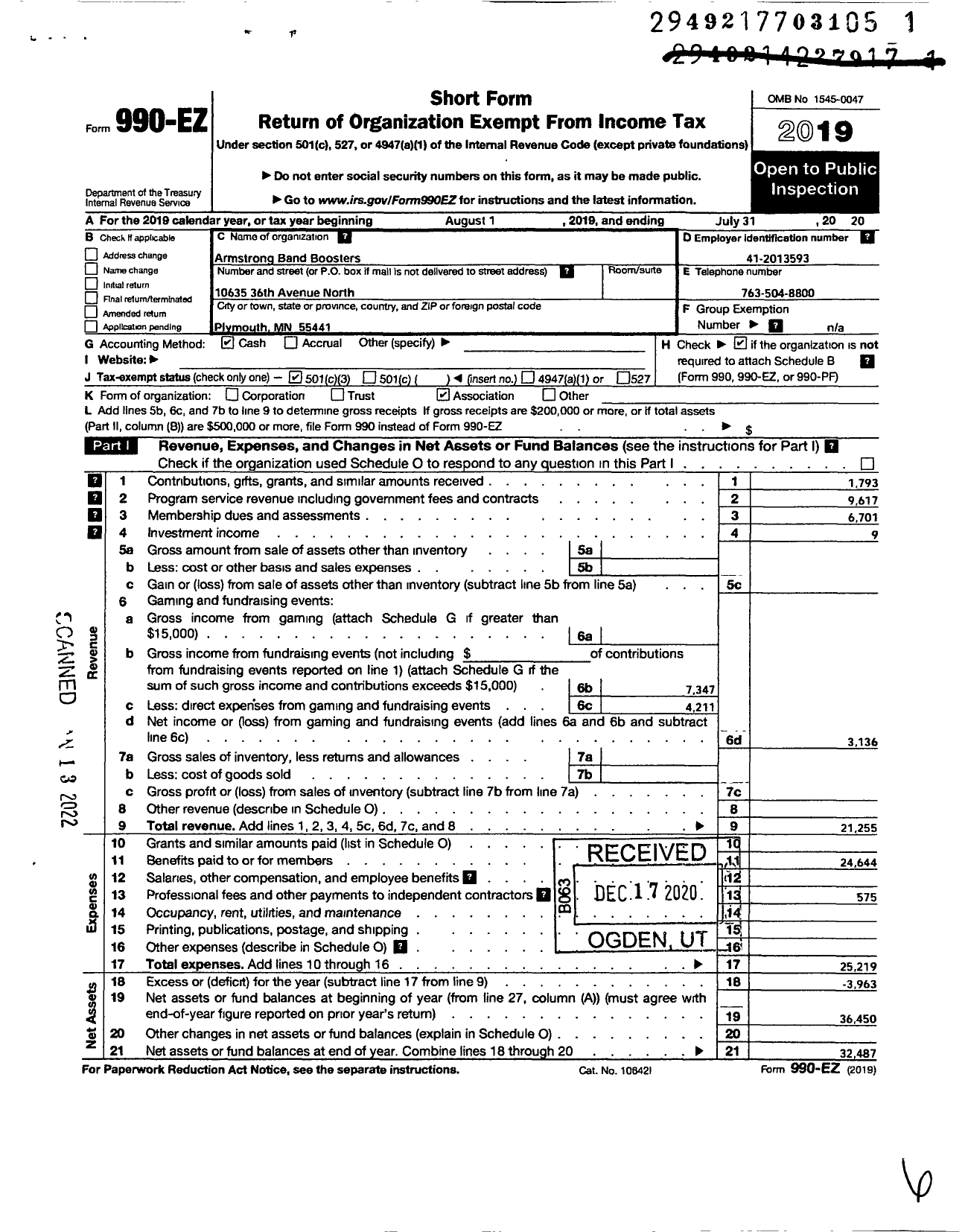 Image of first page of 2019 Form 990EZ for Armstrong Band Boosters