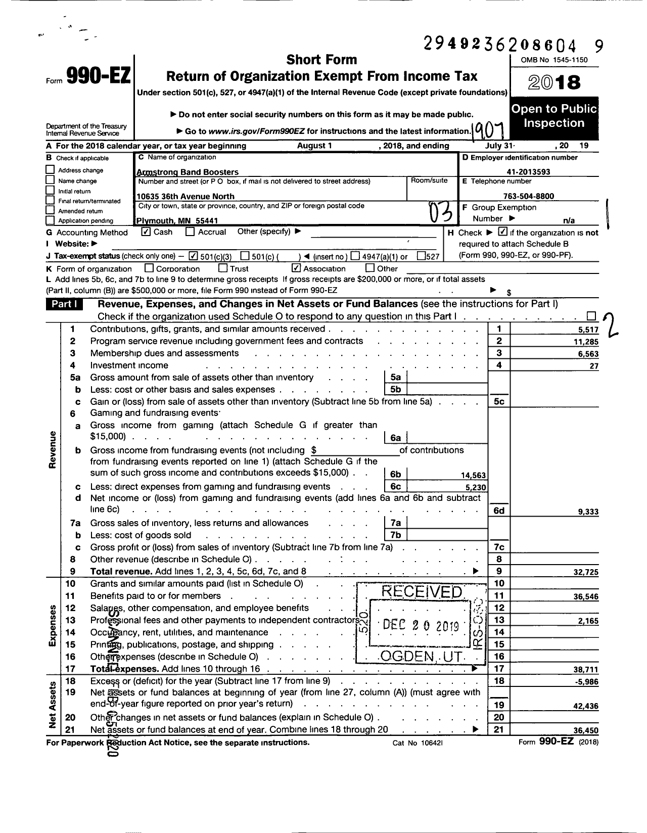 Image of first page of 2018 Form 990EZ for Armstrong Band Boosters