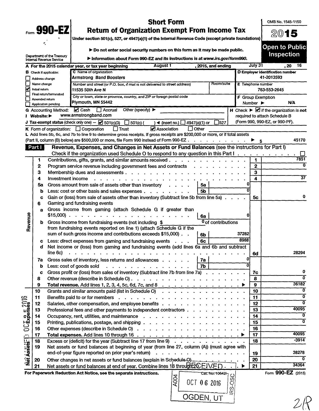 Image of first page of 2015 Form 990EZ for Armstrong Band Boosters