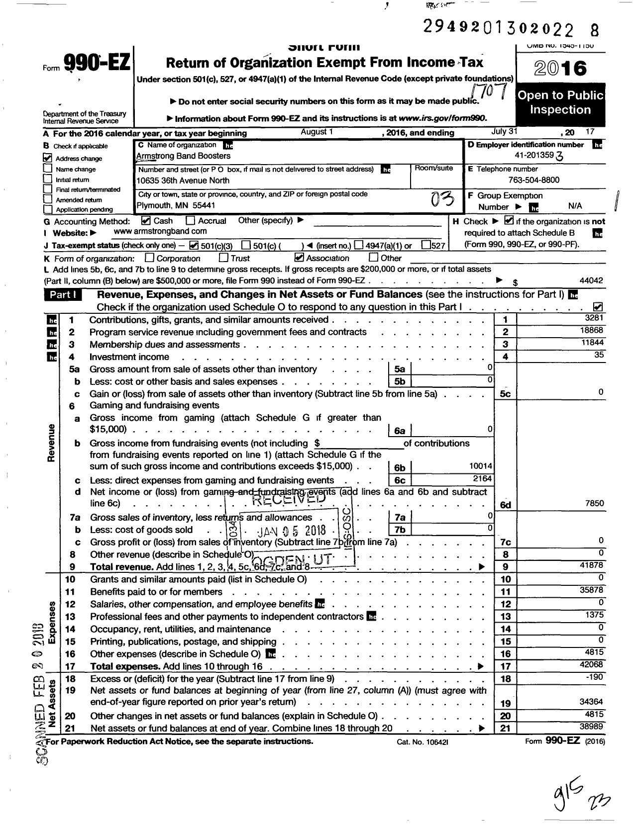 Image of first page of 2016 Form 990EZ for Armstrong Band Boosters