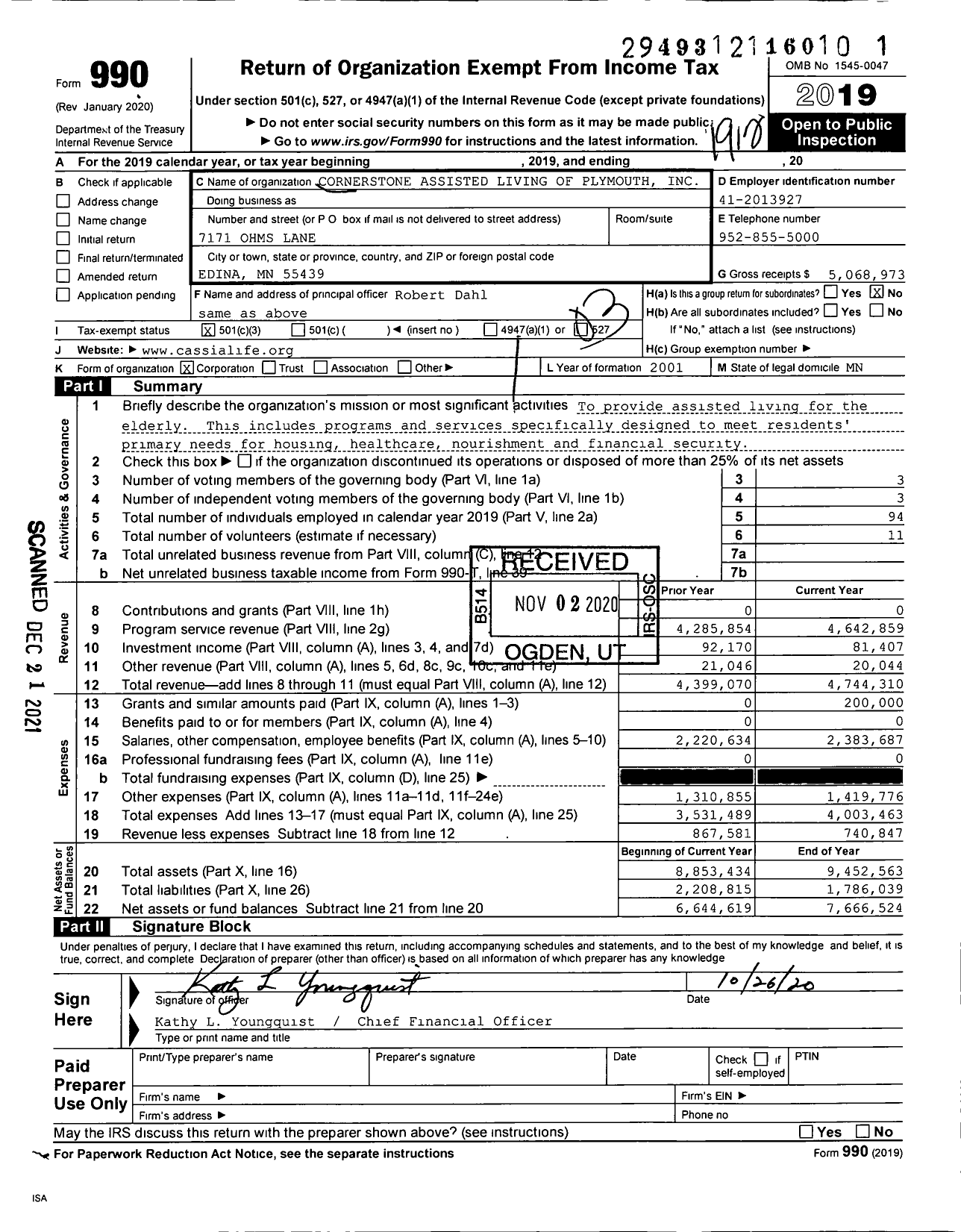 Image of first page of 2019 Form 990 for Cornerstone Assisted Living of Plymouth