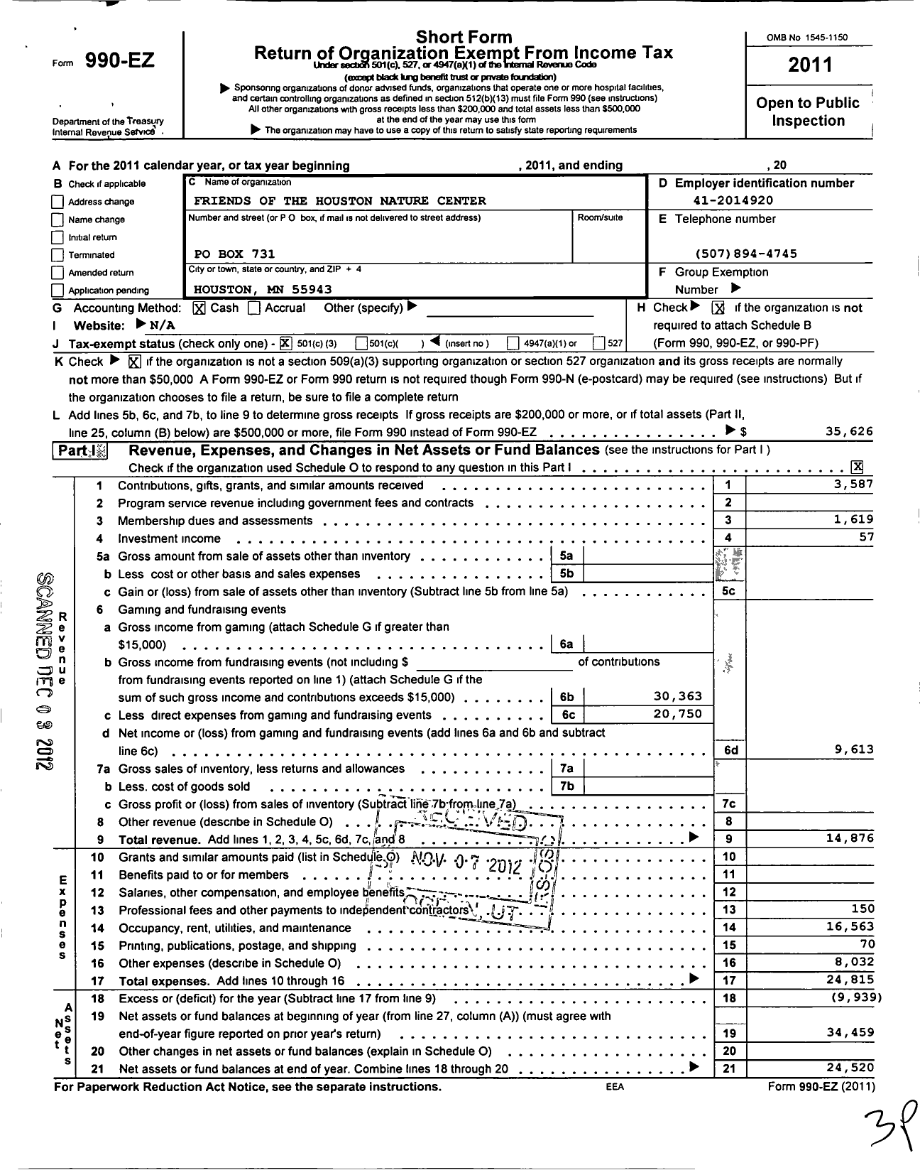 Image of first page of 2011 Form 990EZ for Friends of the Houston Nature Center