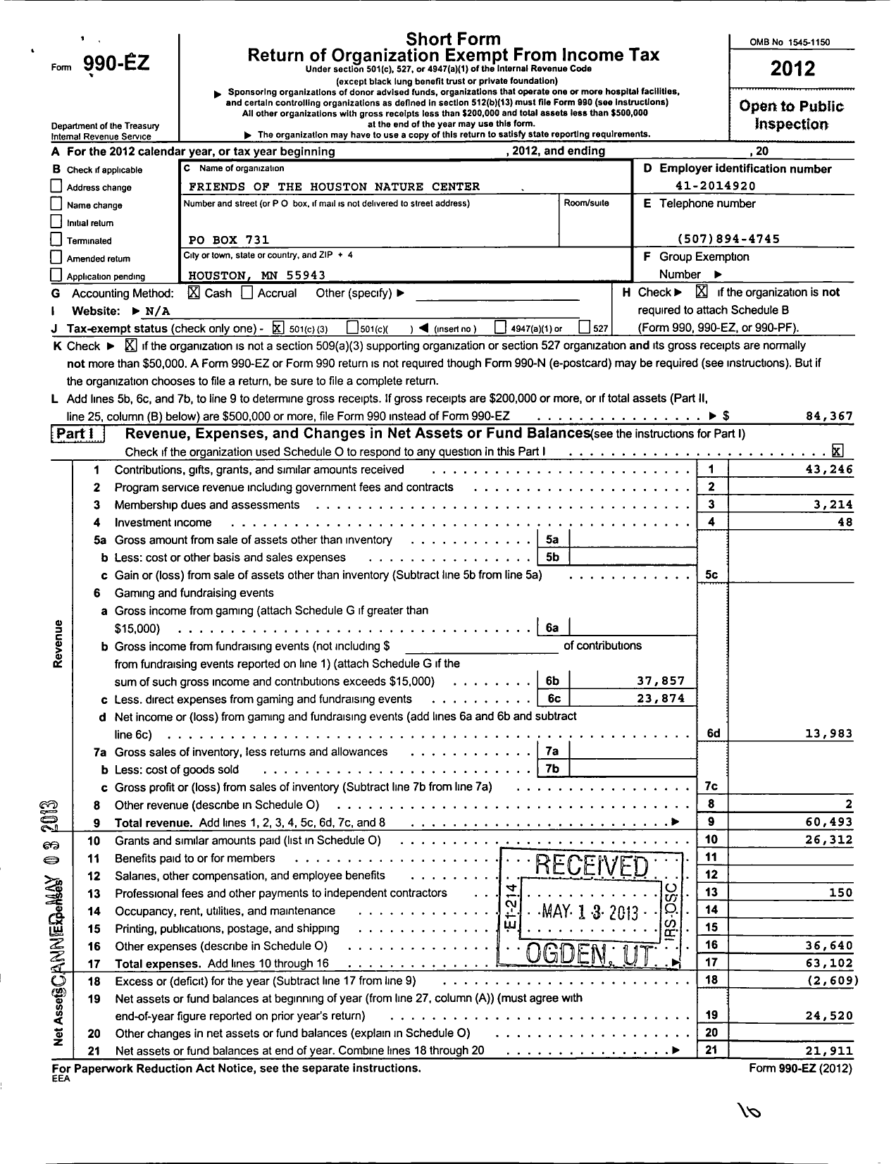 Image of first page of 2012 Form 990EZ for Friends of the Houston Nature Center