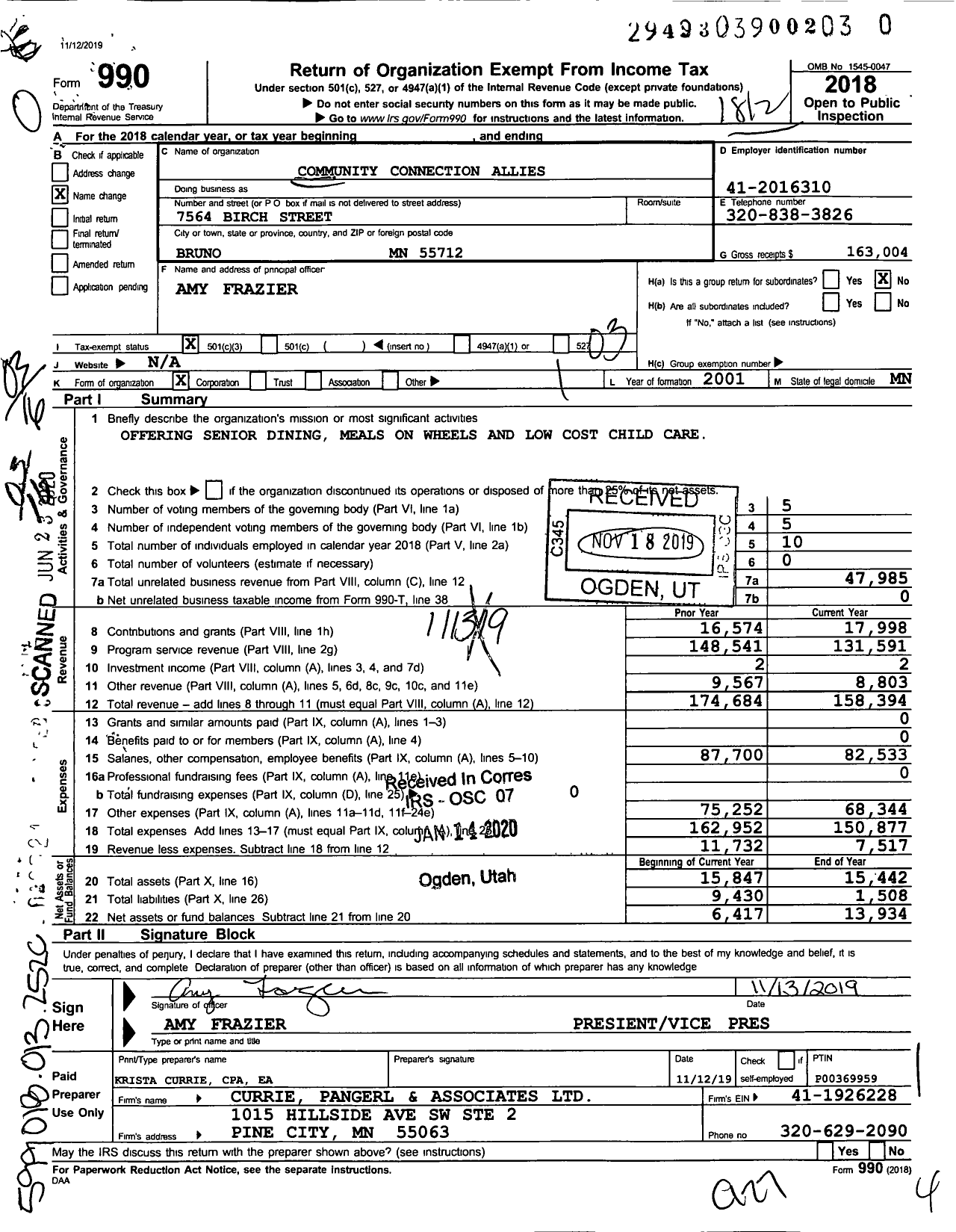 Image of first page of 2018 Form 990 for Community Connection Allies