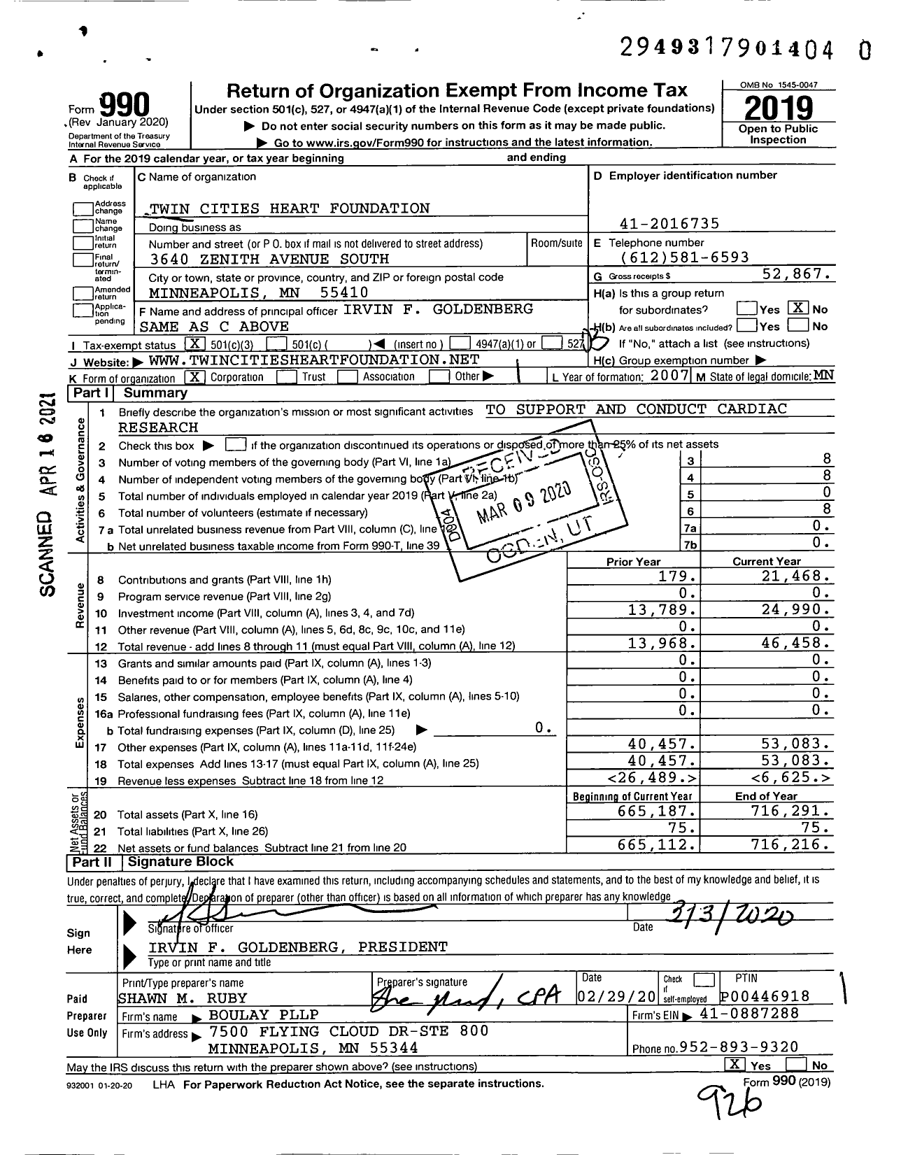 Image of first page of 2019 Form 990 for Twin Cities Heart Foundation