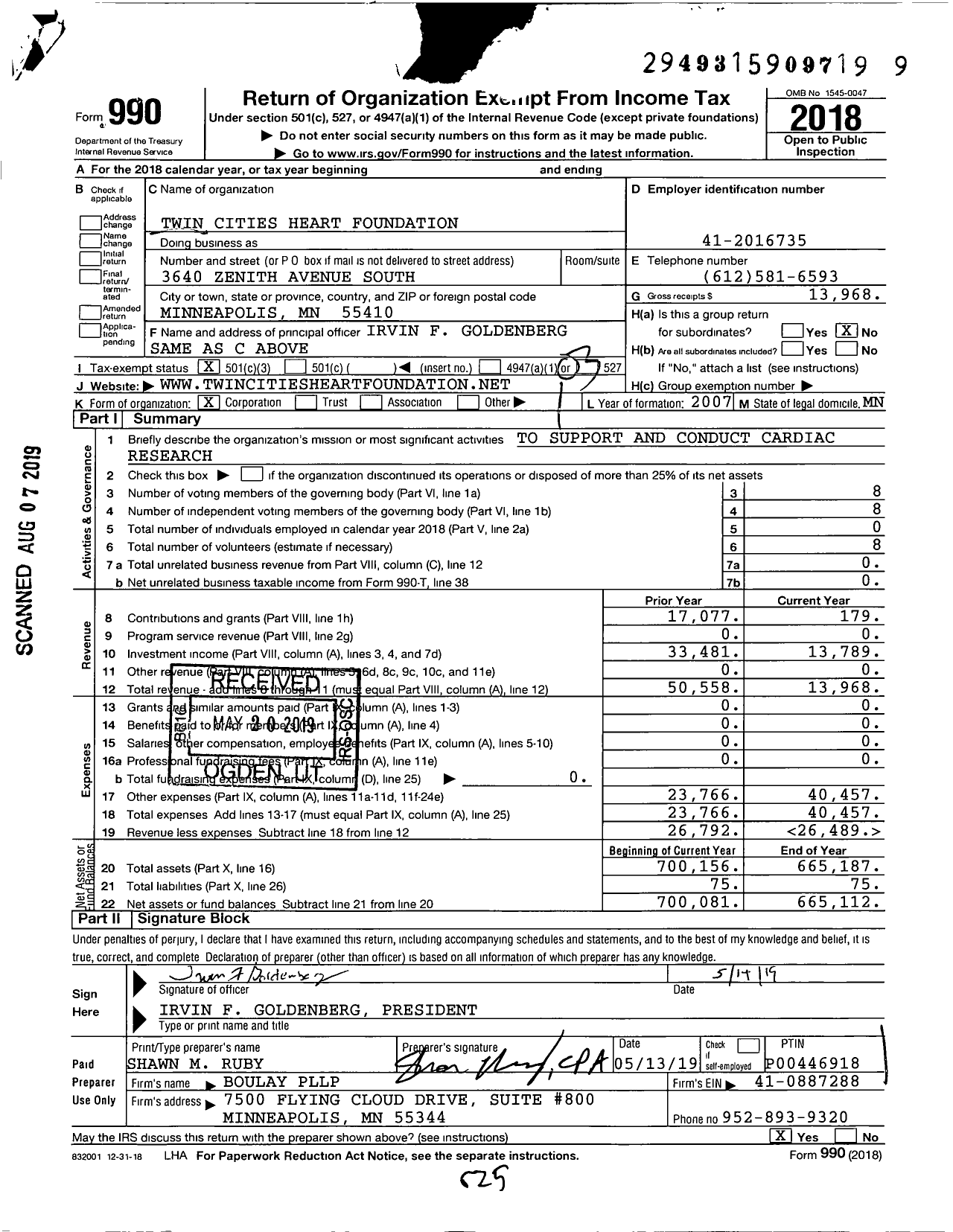 Image of first page of 2018 Form 990 for Twin Cities Heart Foundation