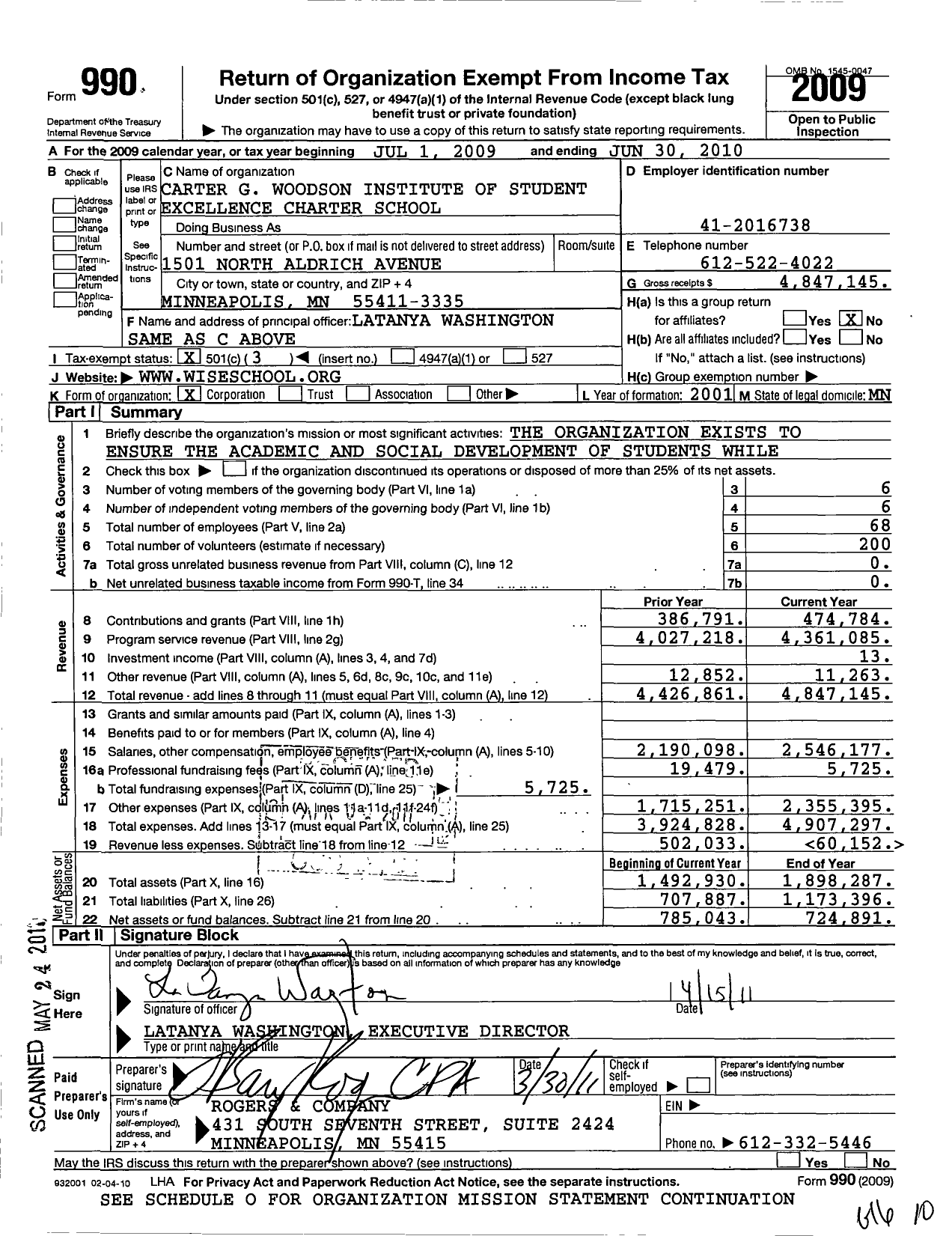 Image of first page of 2009 Form 990 for Carter G Woodson Institute for Student Excellence Charter School