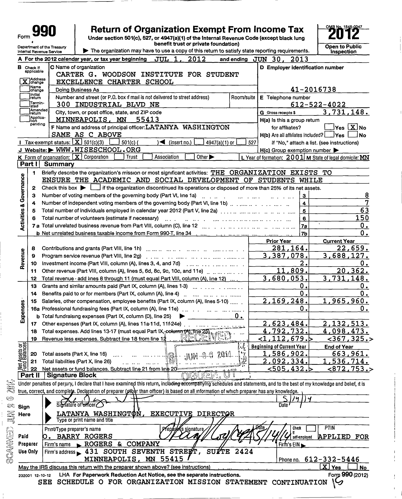 Image of first page of 2012 Form 990 for Carter G Woodson Institute for Student Excellence Charter School