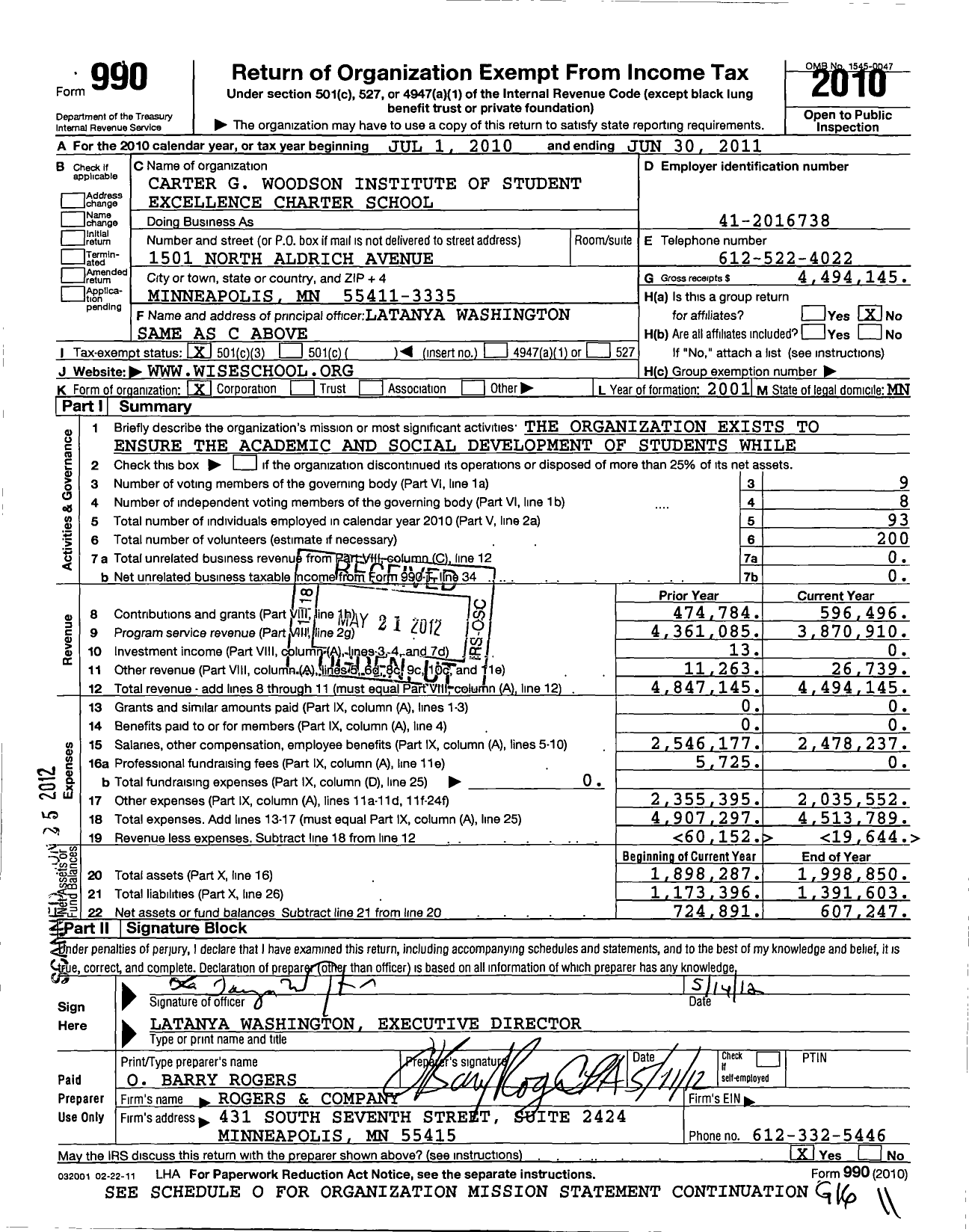 Image of first page of 2010 Form 990 for Carter G Woodson Institute for Student Excellence Charter School