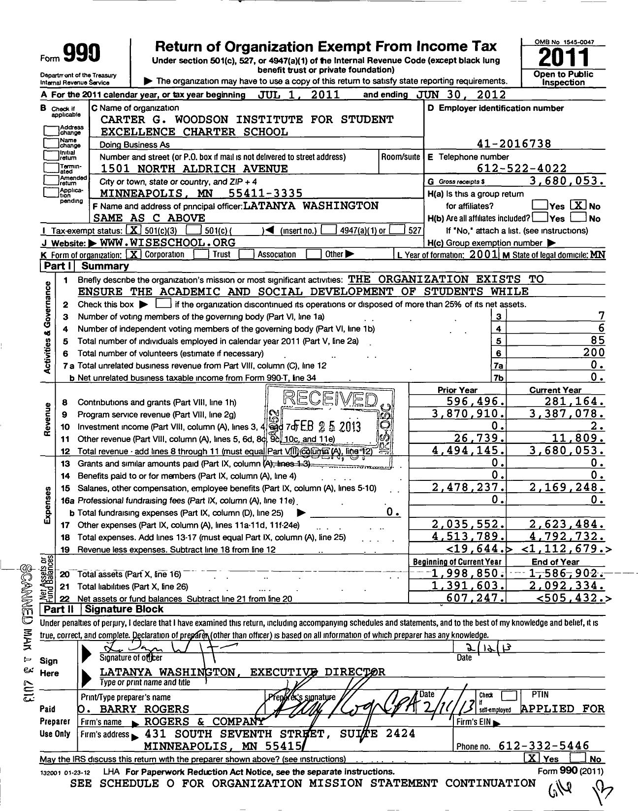 Image of first page of 2011 Form 990 for Carter G Woodson Institute for Student Excellence Charter School