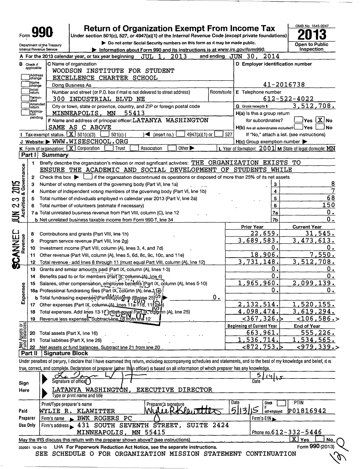 Image of first page of 2013 Form 990 for Carter G Woodson Institute for Student Excellence Charter School