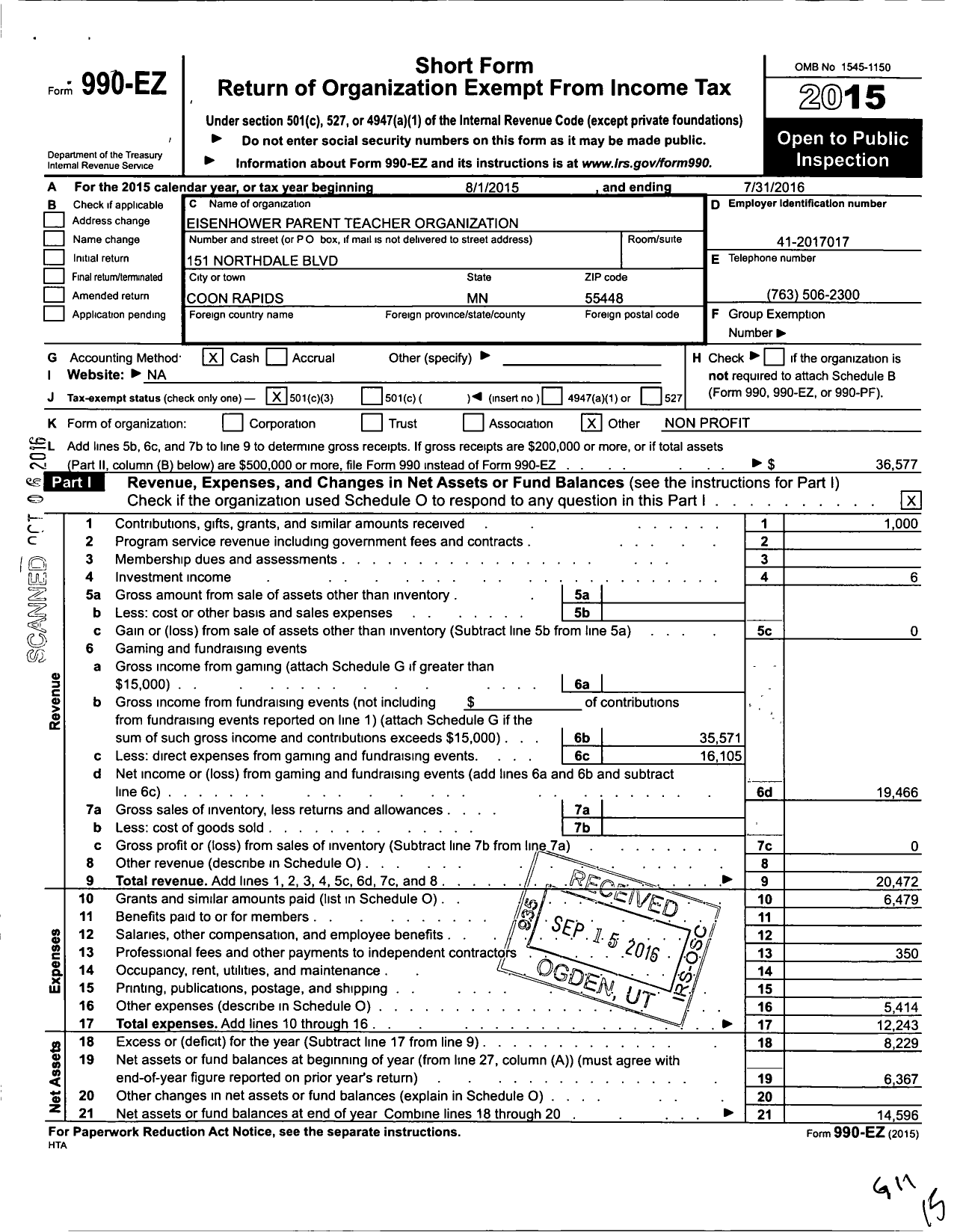 Image of first page of 2015 Form 990EZ for Eisenhower Parent Teacher Organization