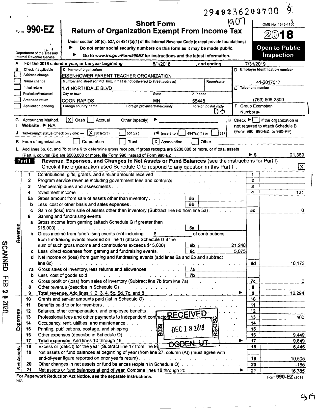 Image of first page of 2018 Form 990EZ for Eisenhower Parent Teacher Organization