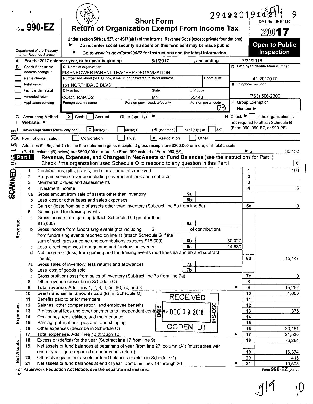 Image of first page of 2017 Form 990EZ for Eisenhower Parent Teacher Organization
