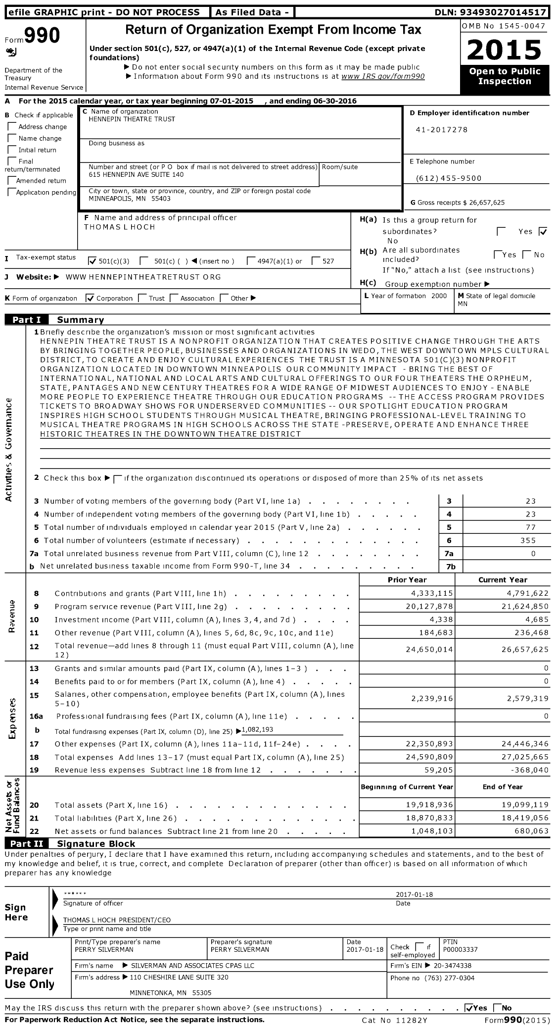 Image of first page of 2015 Form 990 for Hennepin Theatre Trust