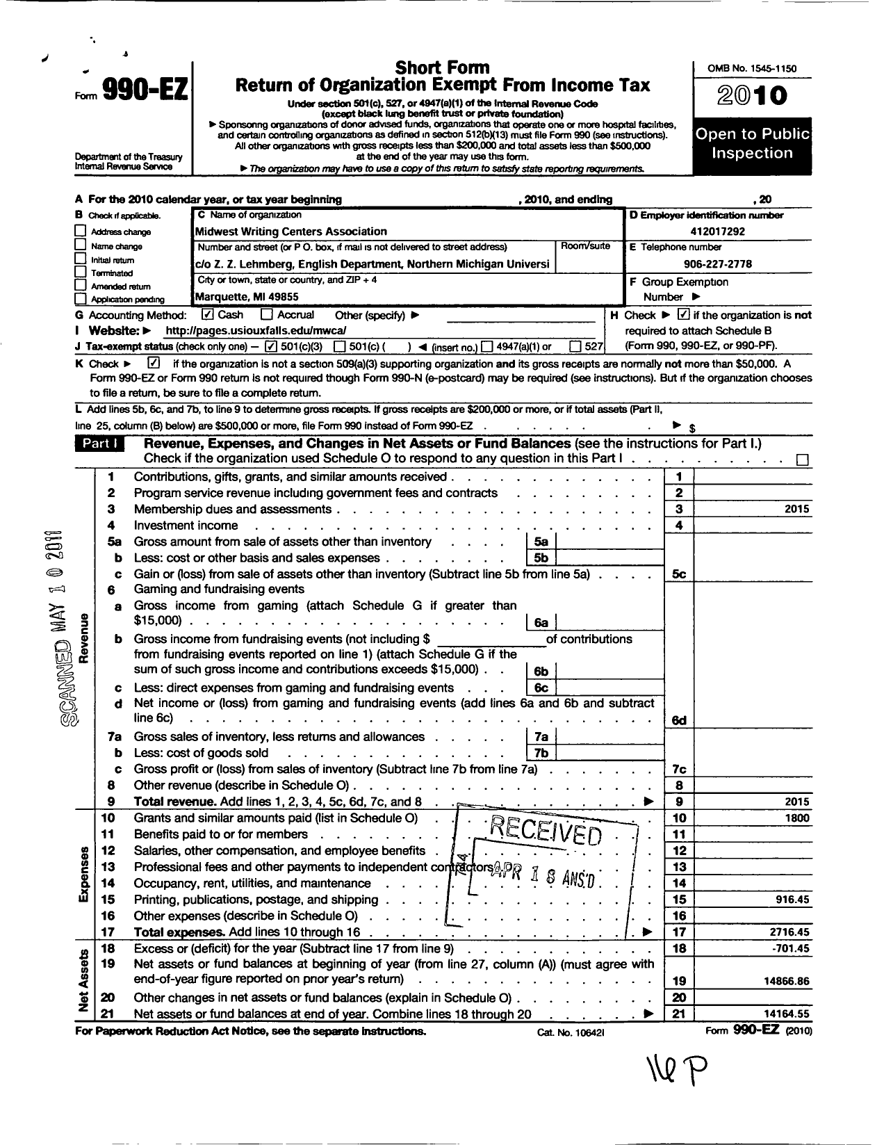 Image of first page of 2010 Form 990EZ for Midwest Writing Centers Association