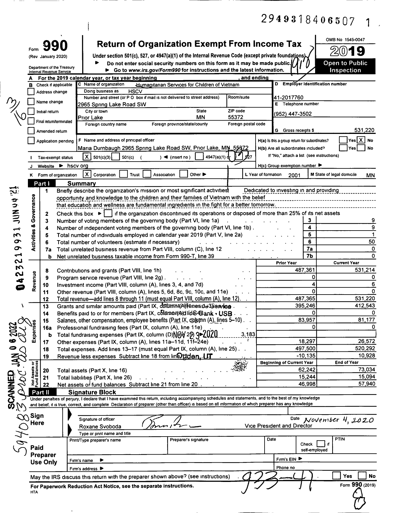 Image of first page of 2019 Form 990 for Humanitarian Services for Children of Vietnam (HSCV)