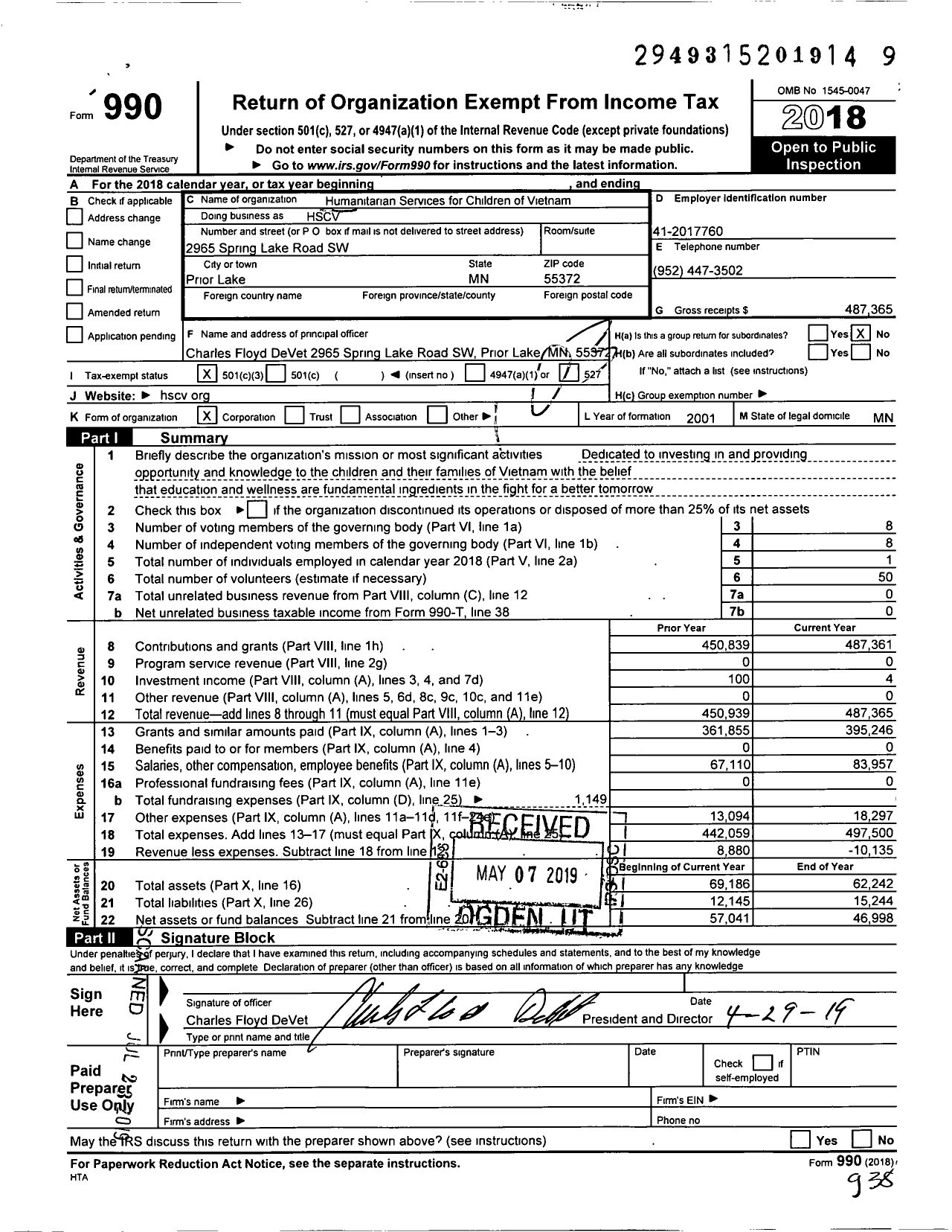 Image of first page of 2018 Form 990 for Humanitarian Services for Children of Vietnam (HSCV)