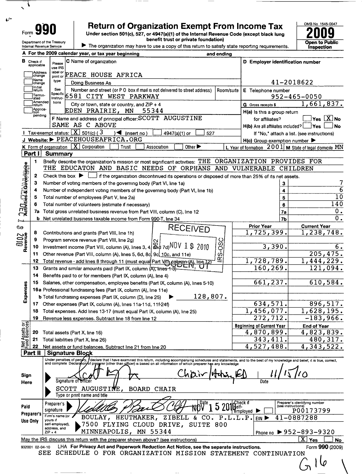 Image of first page of 2009 Form 990 for Peace House Africa