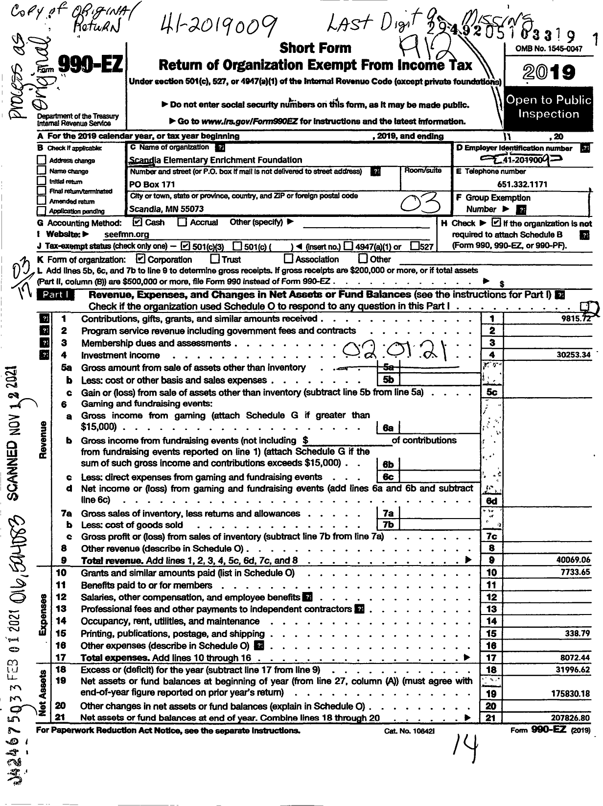 Image of first page of 2019 Form 990EZ for Scandia Elementary Enrichment Foundation