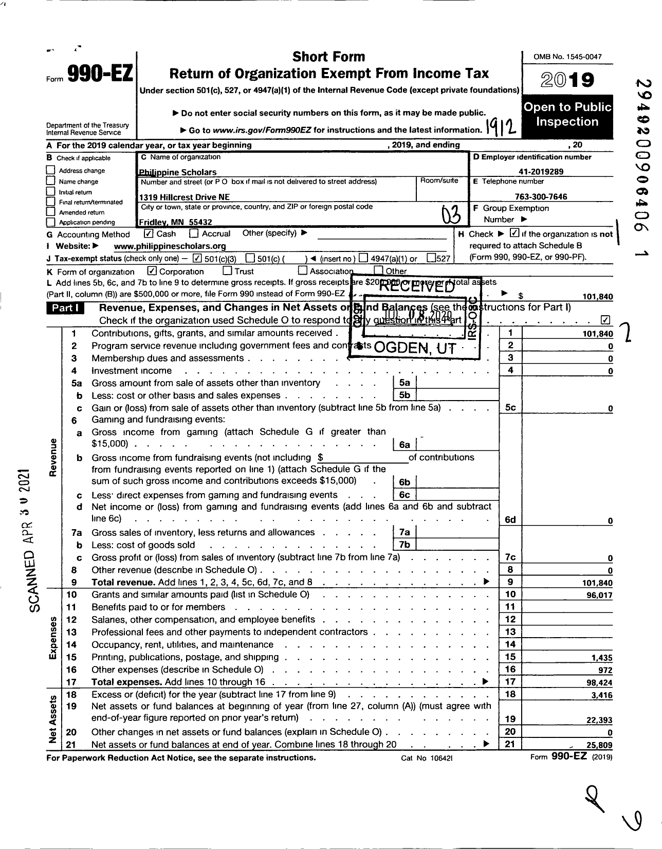 Image of first page of 2019 Form 990EZ for Philippine Scholars