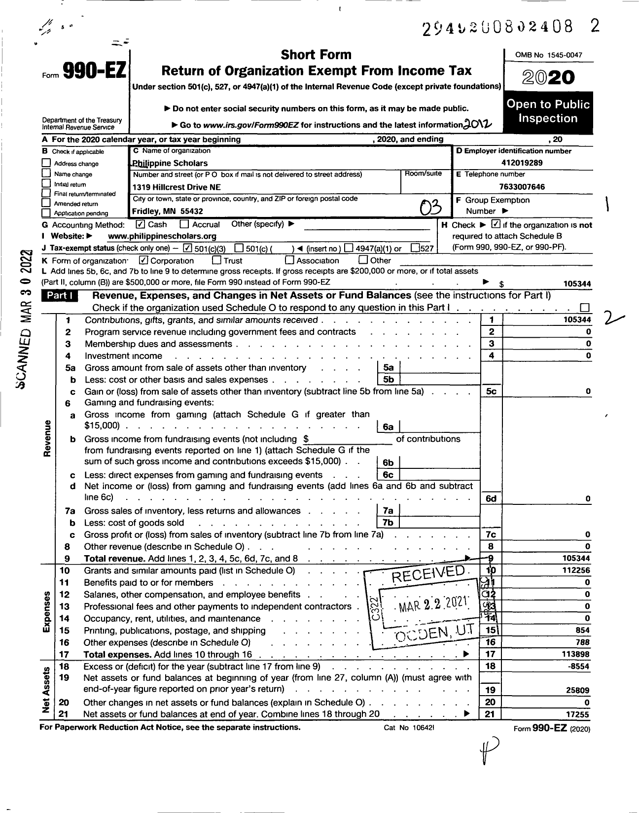 Image of first page of 2020 Form 990EZ for Philippine Scholars