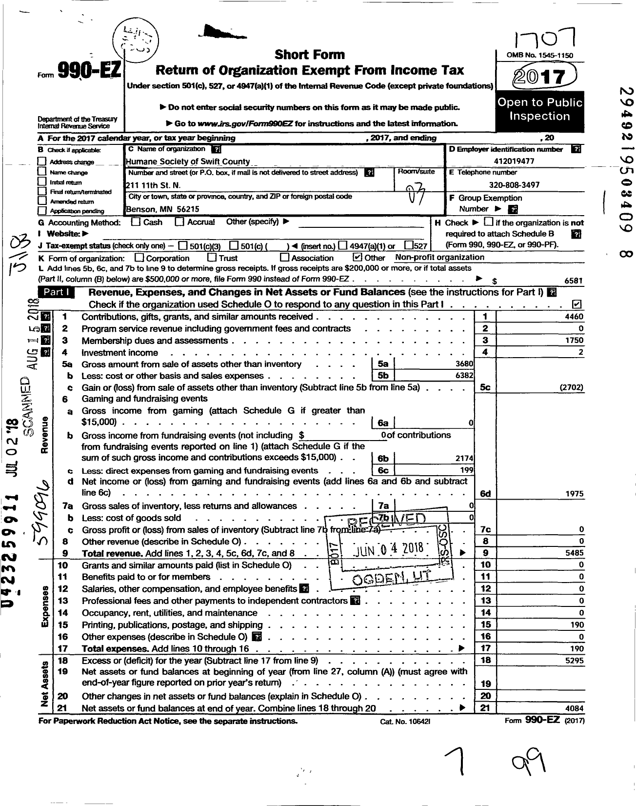 Image of first page of 2016 Form 990EZ for Humane Society of Swift County