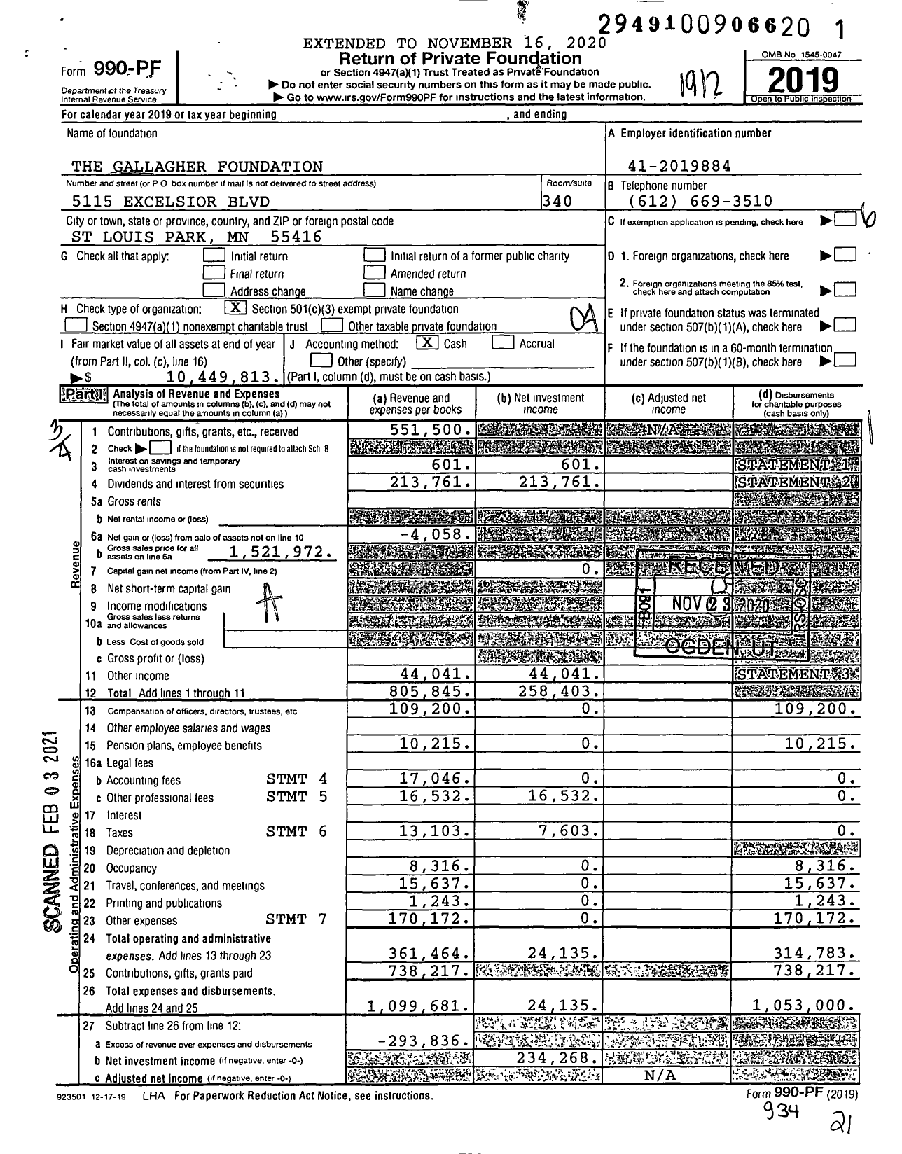 Image of first page of 2019 Form 990PF for The Gallagher Foundation