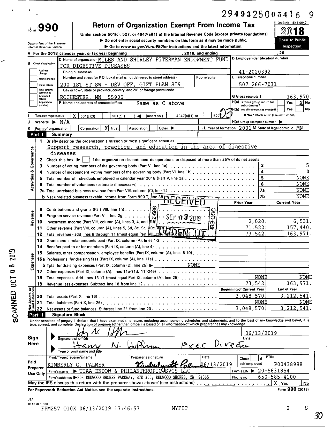 Image of first page of 2018 Form 990 for Miles and Shirley Fiterman Endowment Fund