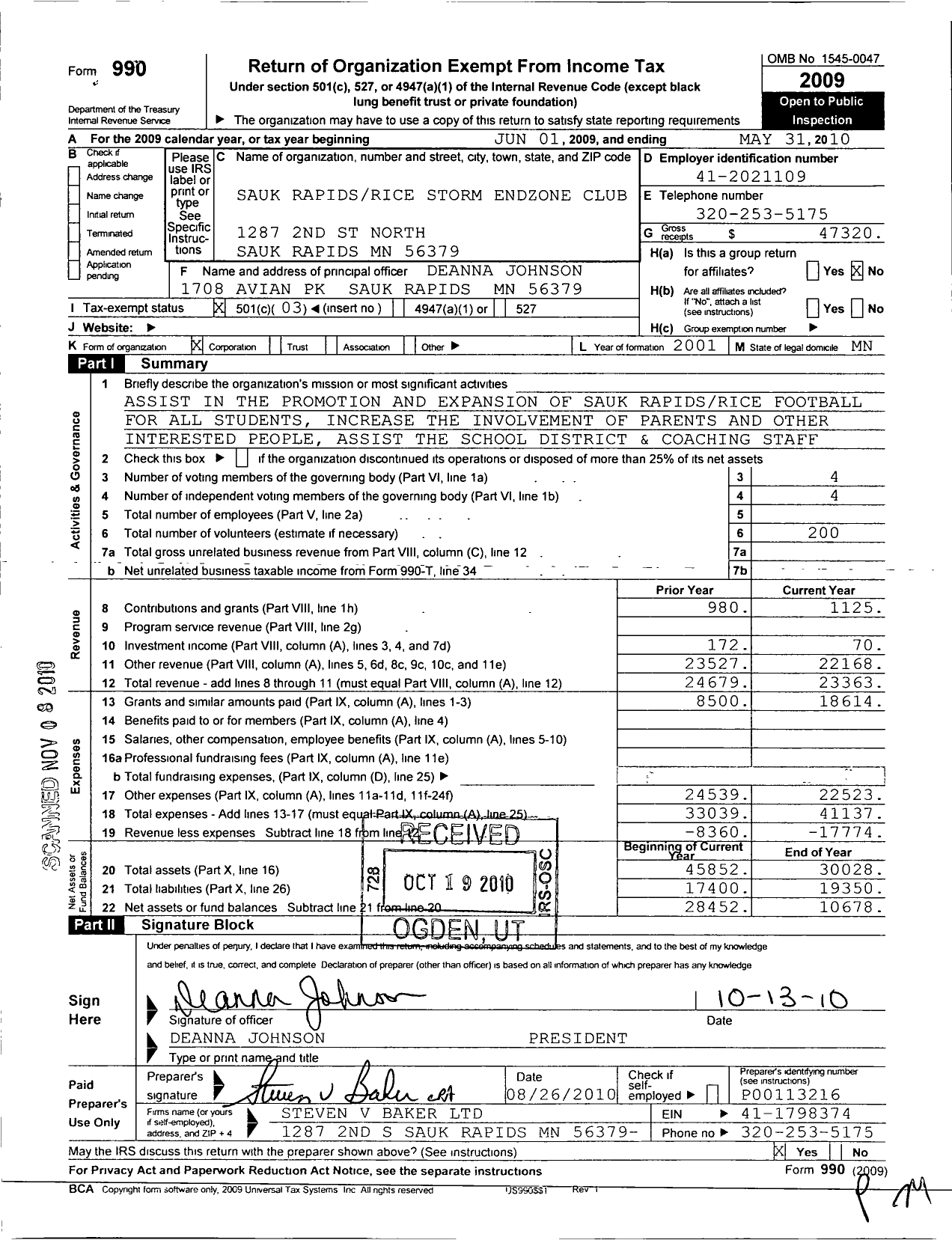 Image of first page of 2009 Form 990 for Sauk Rapids Rice Storm Endzone Club